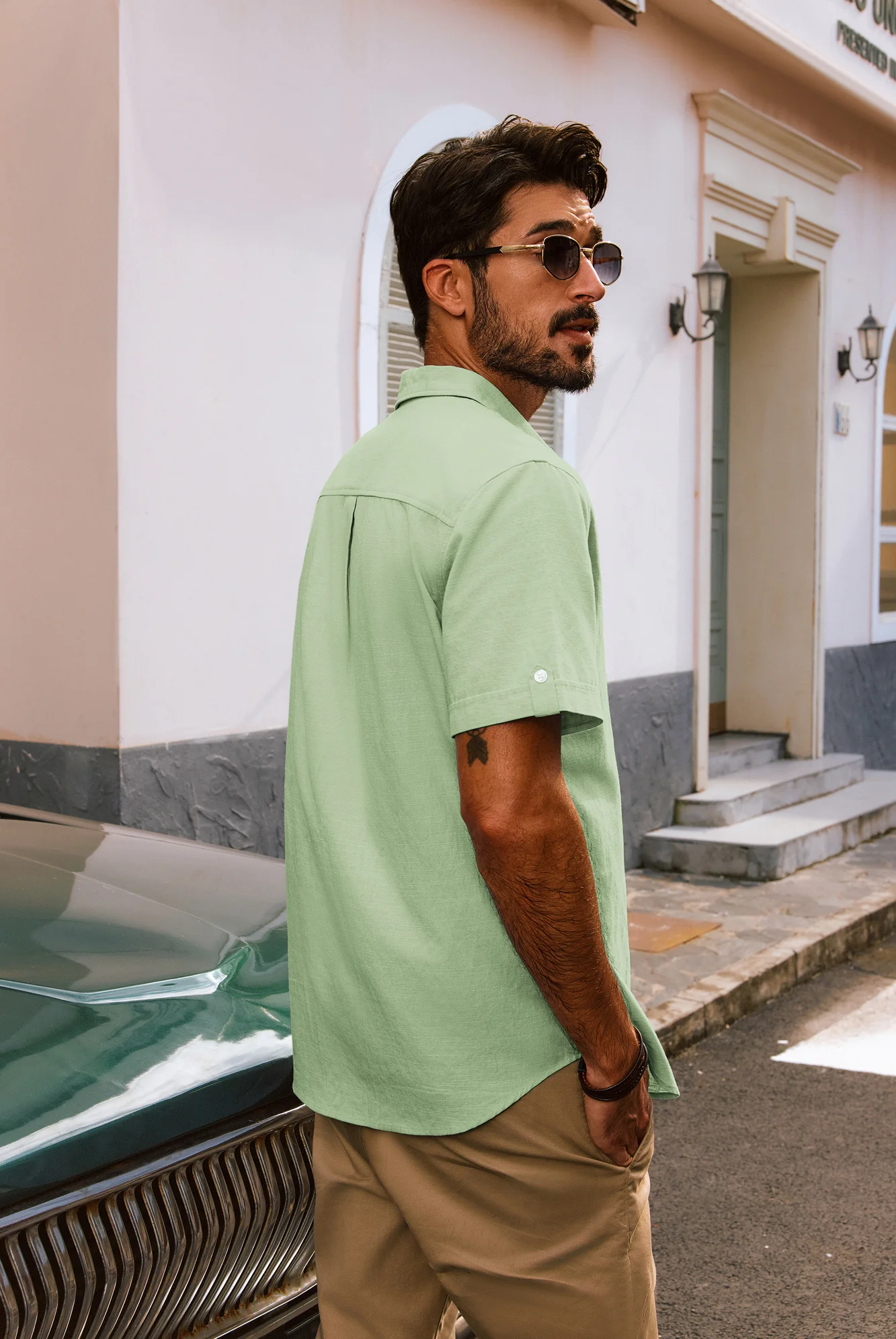 Men Straight Shirt Casual Short Sleeve Lapel Collar Curved Hem Button-up Tops - Image 24