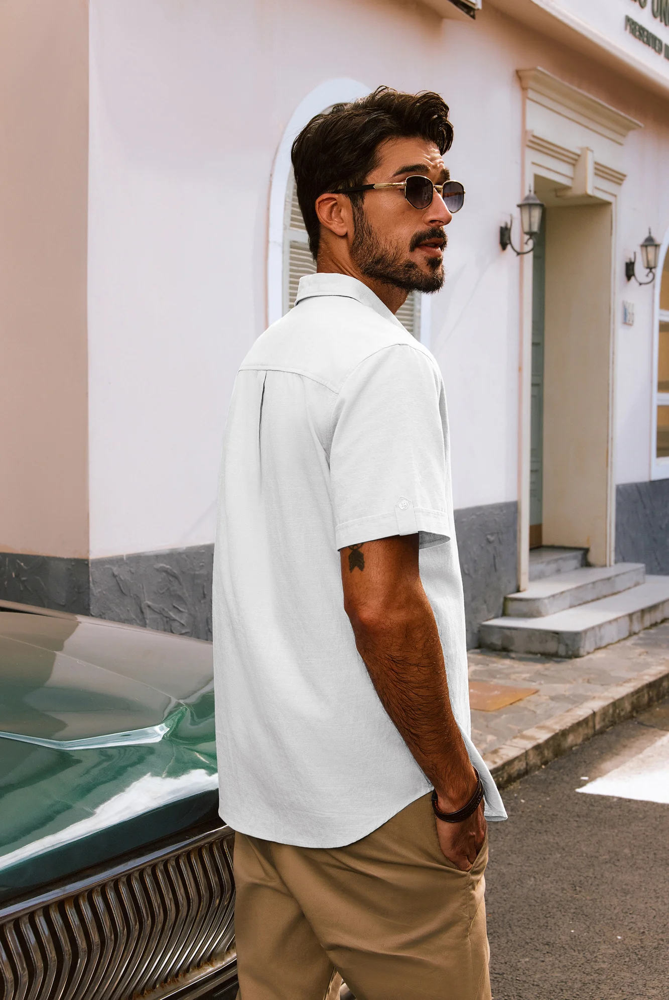 Men Straight Shirt Casual Short Sleeve Lapel Collar Curved Hem Button-up Tops - Image 4