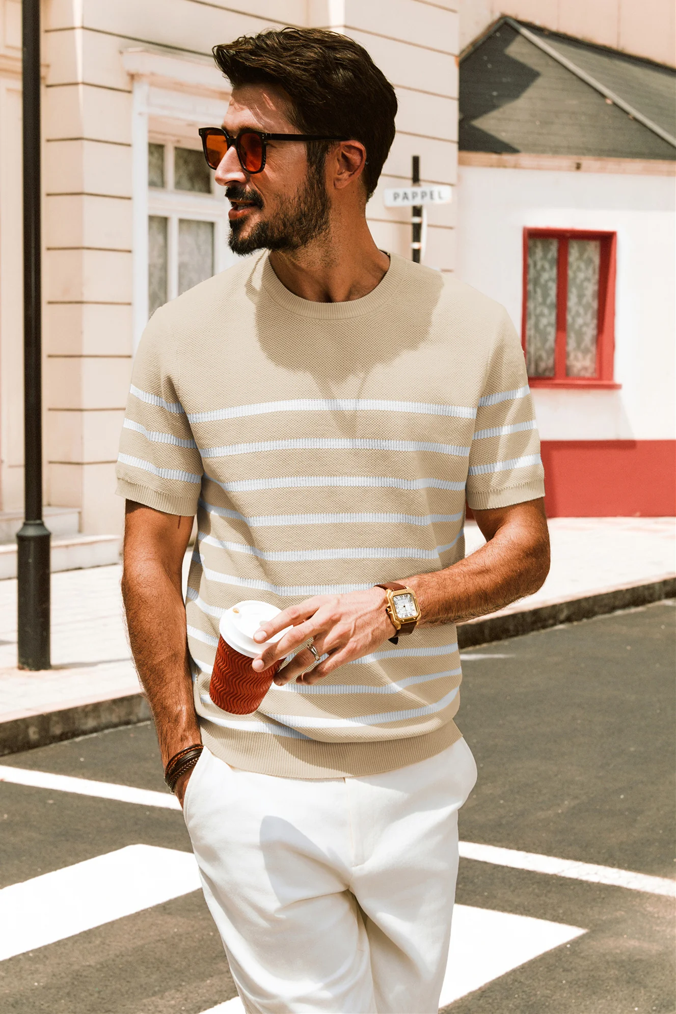 Men Striped Knitted T-Shirt Short Sleeve Crew Neck Ribbed Cuff Knitwear Tops - Image 11