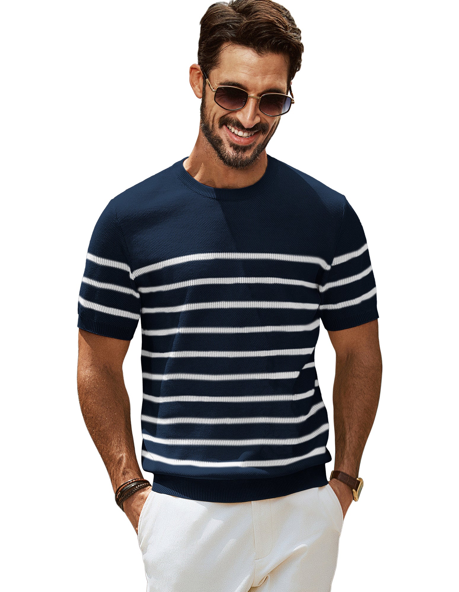 Men Striped Knitted T-Shirt Short Sleeve Crew Neck Ribbed Cuff Knitwear Tops - Image 13