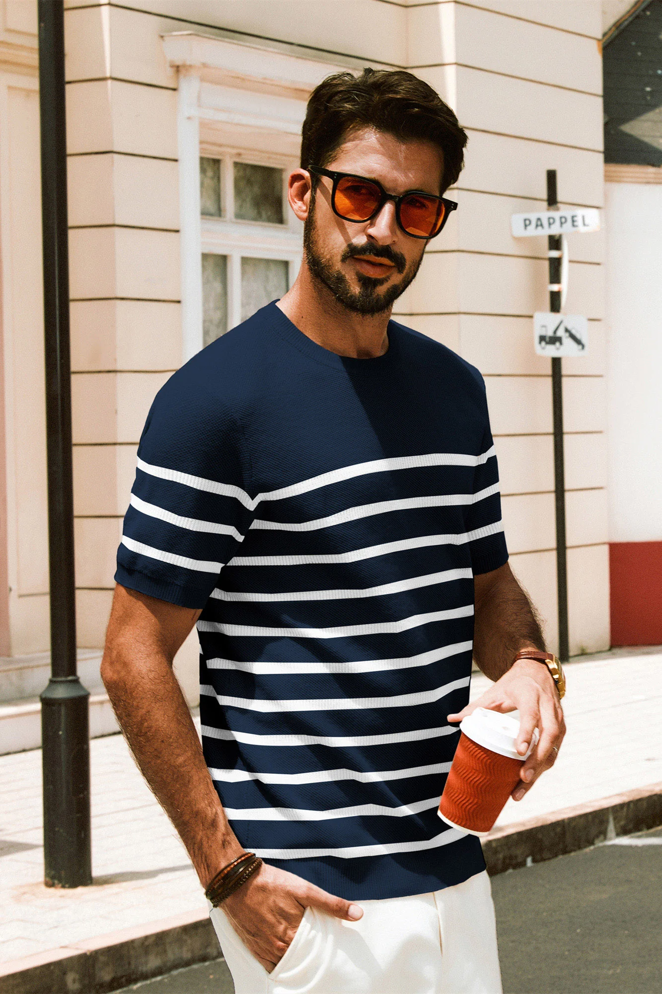 Men Striped Knitted T-Shirt Short Sleeve Crew Neck Ribbed Cuff Knitwear Tops - Image 2