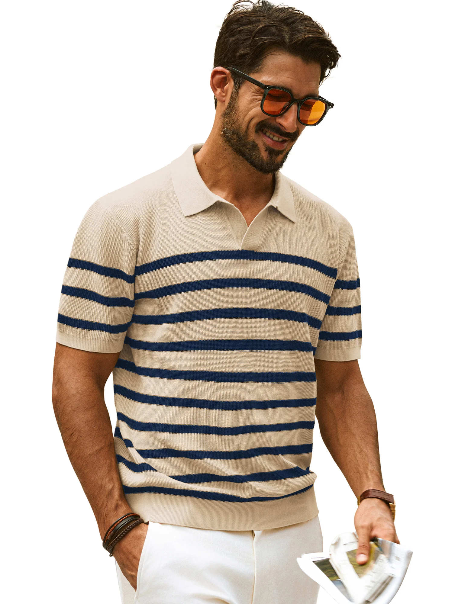 Men Striped Knitwear Short Sleeve Lapel Collar V-Neck Knitted Polo-Shirt Tops - Image 10