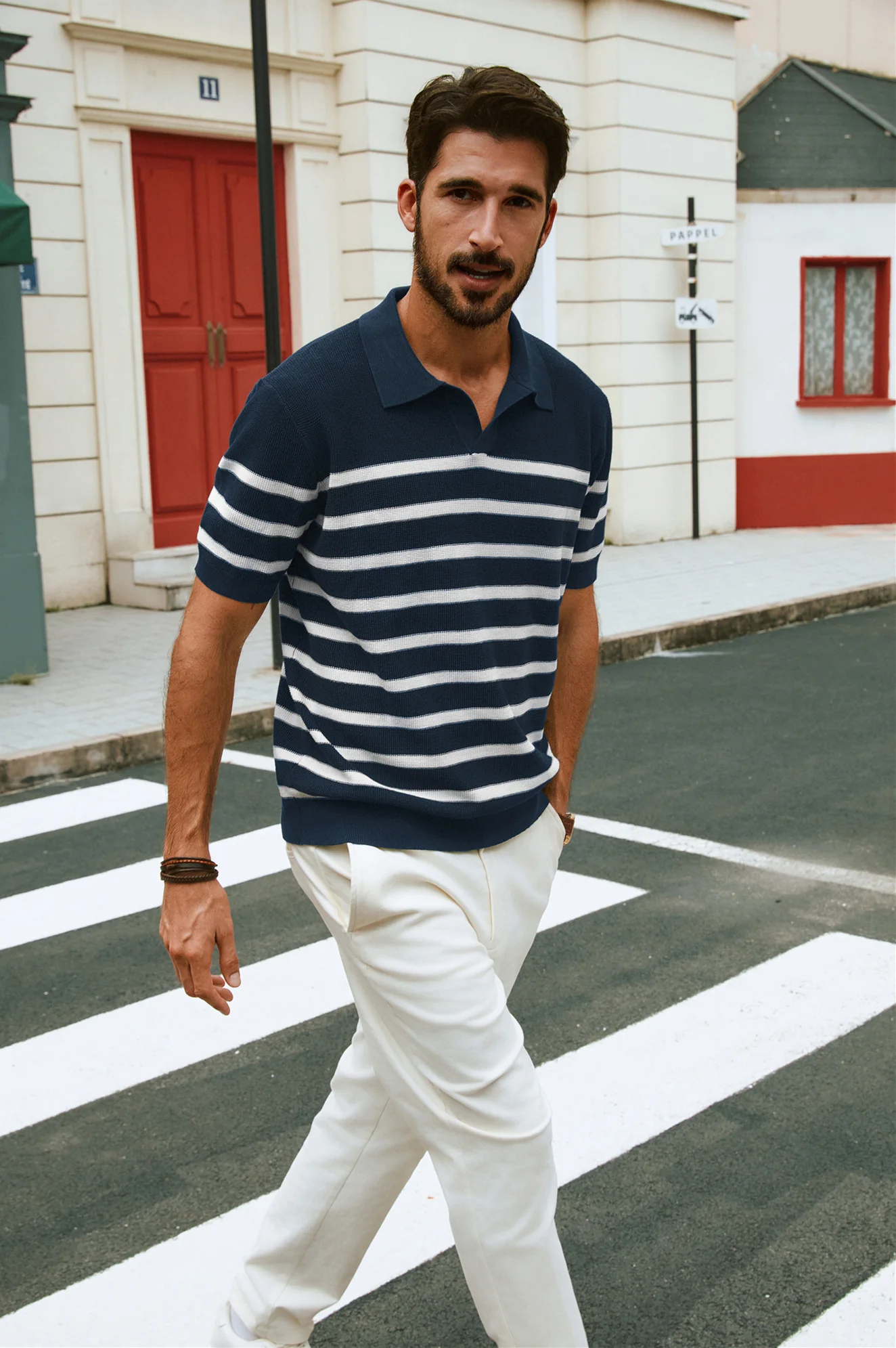 Men Striped Knitwear Short Sleeve Lapel Collar V-Neck Knitted Polo-Shirt Tops - Image 15