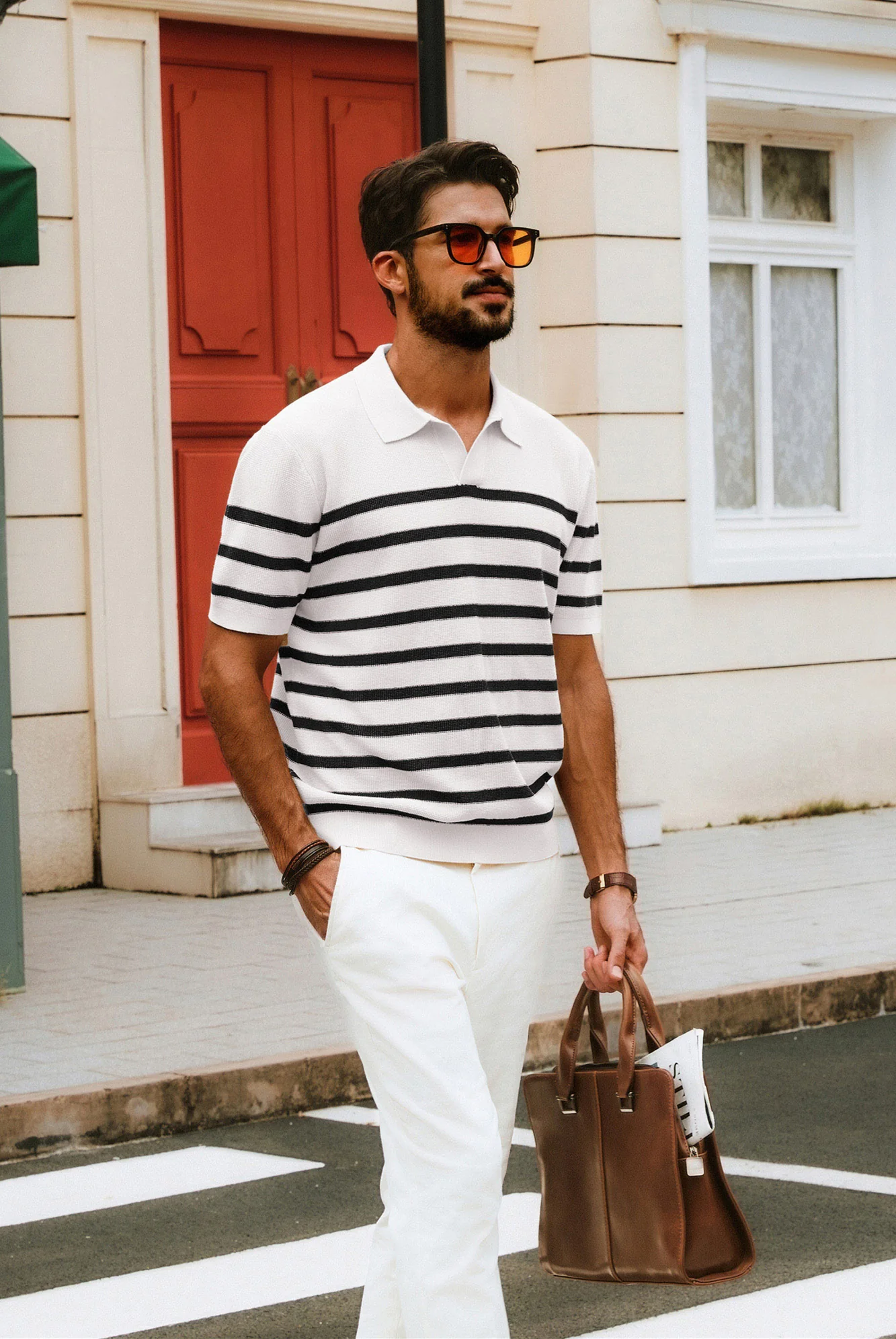 Men Striped Knitwear Short Sleeve Lapel Collar V-Neck Knitted Polo-Shirt Tops - Image 6