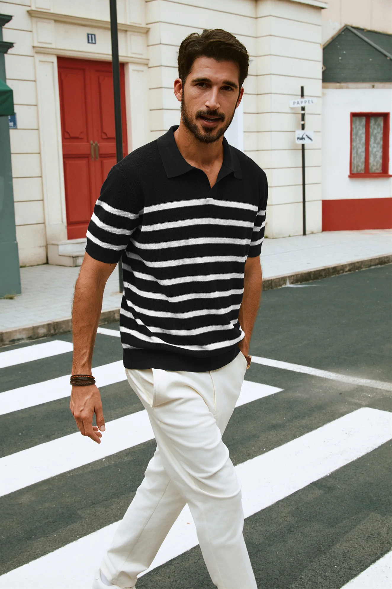 Men Striped Knitwear Short Sleeve Lapel Collar V-Neck Knitted Polo-Shirt Tops - Image 8