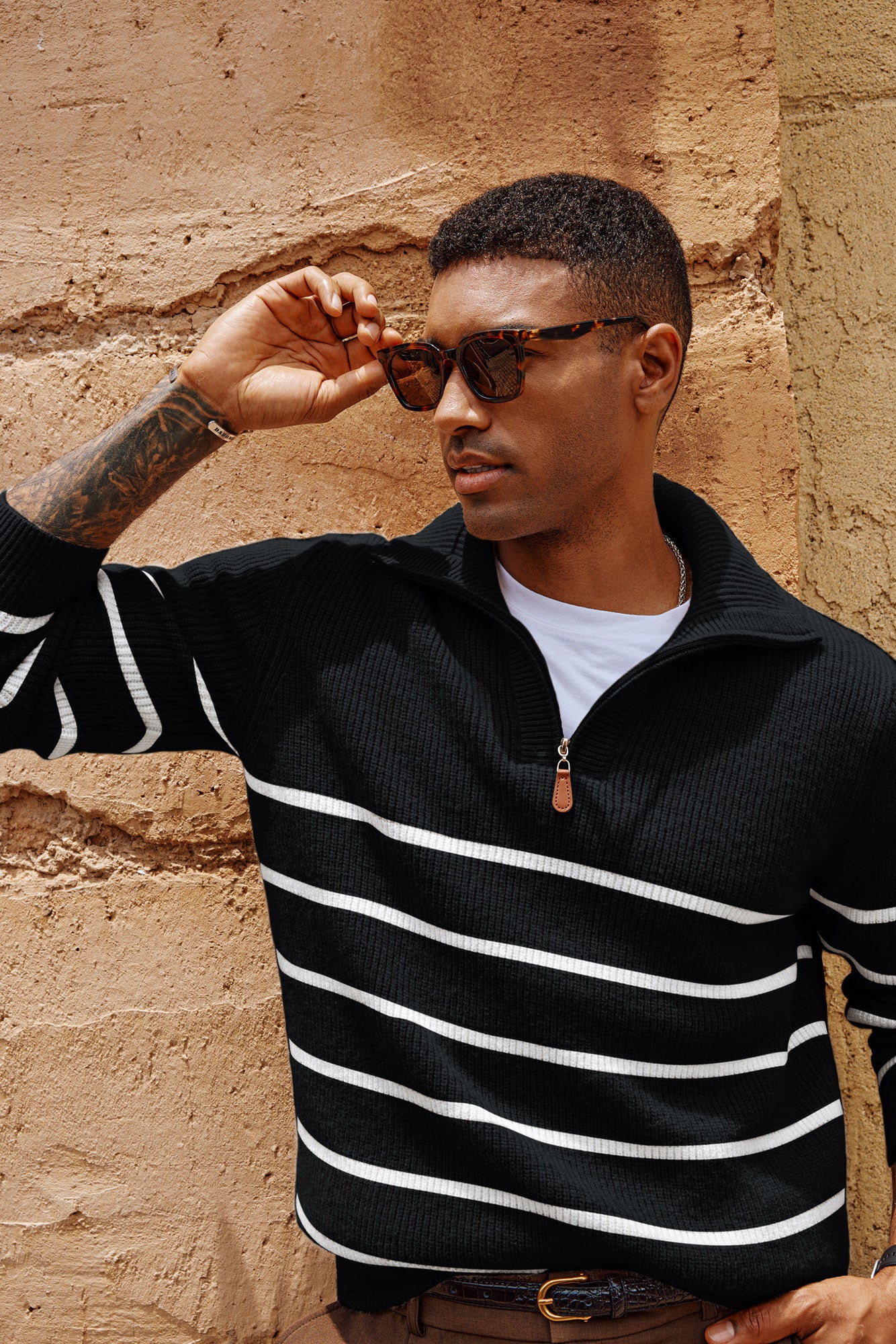 Men Striped Sweater Long Sleeve Lapel Collar Zip-up Neck Pullover - Image 10