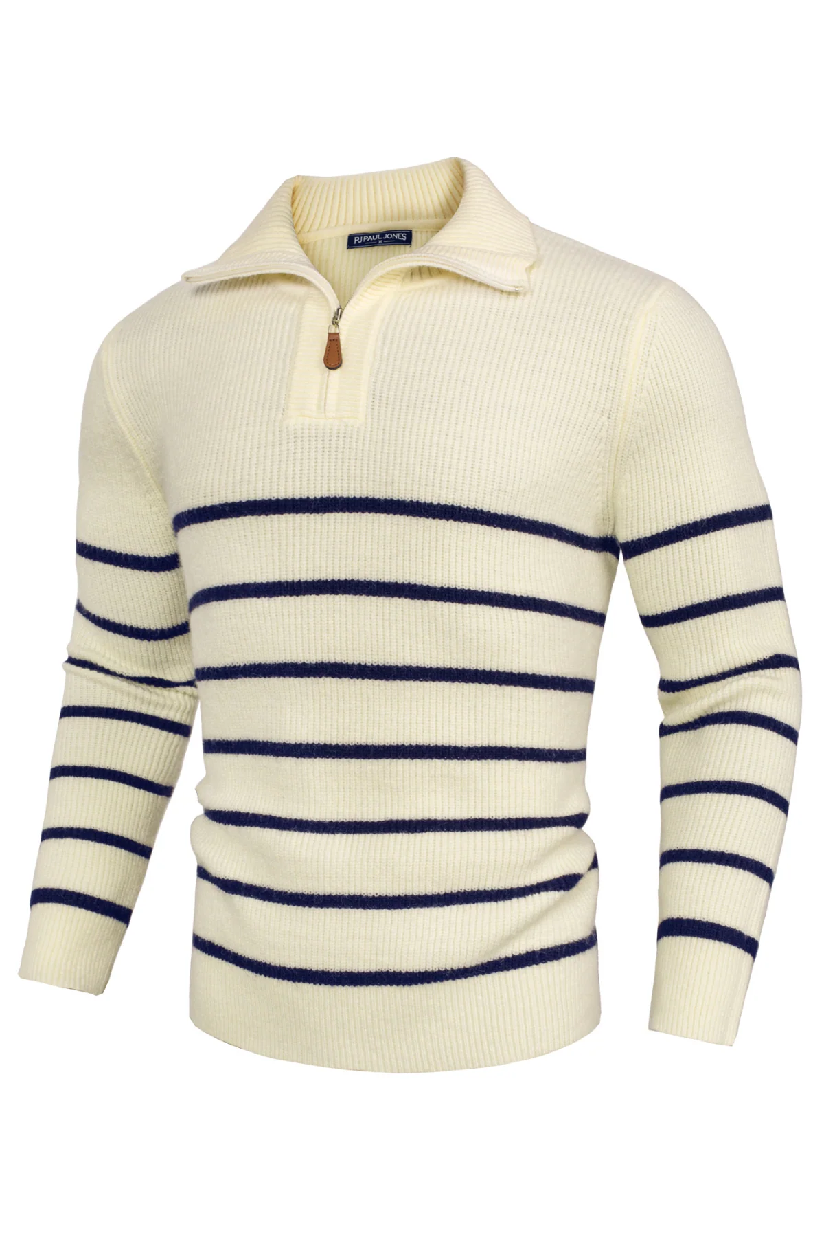 Men Striped Sweater Long Sleeve Lapel Collar Zip-up Neck Pullover - Image 3