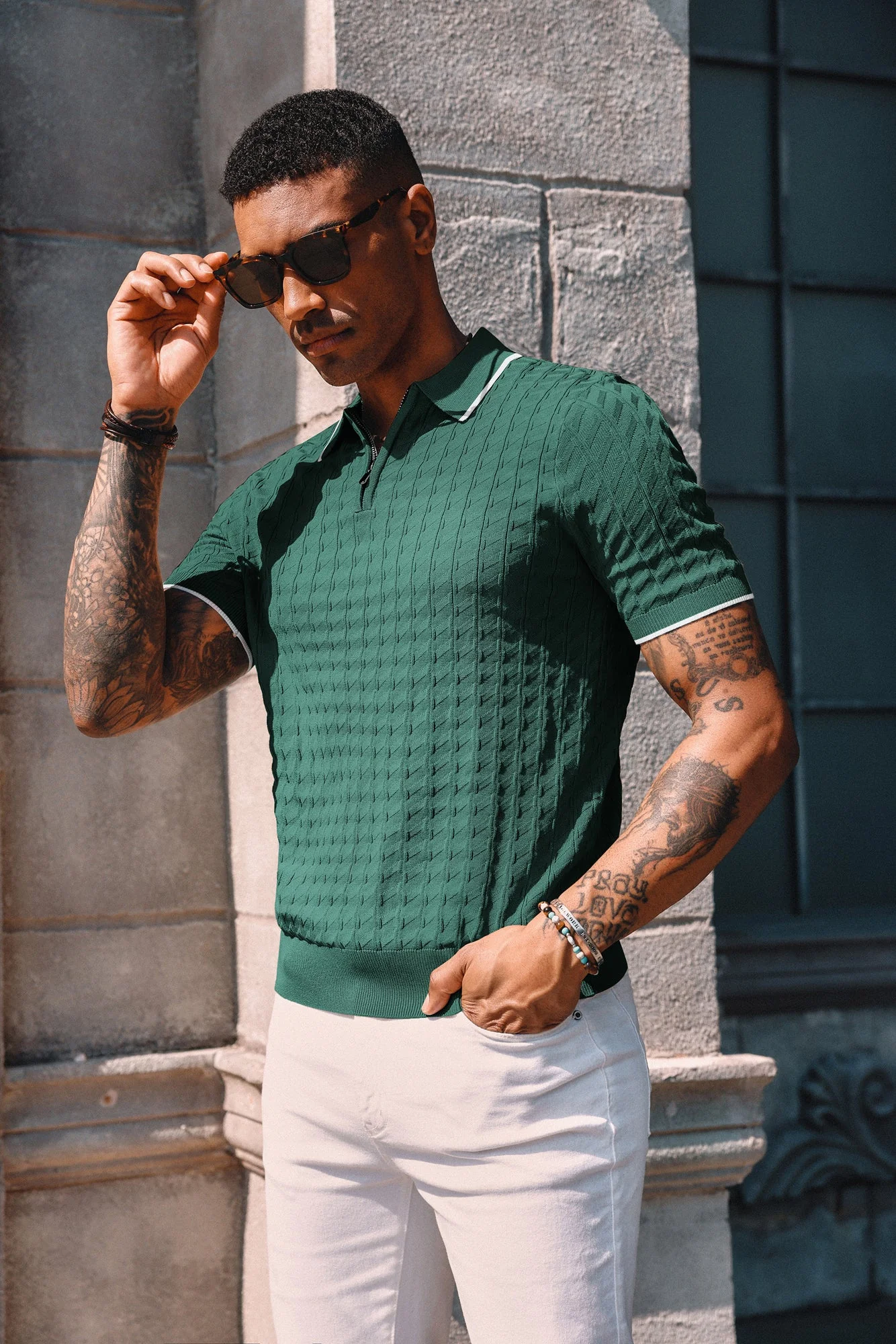 Men Stylish Lapel Collar Knitwear Short Sleeve Zip-up Neck Knitted Shirts - Image 19