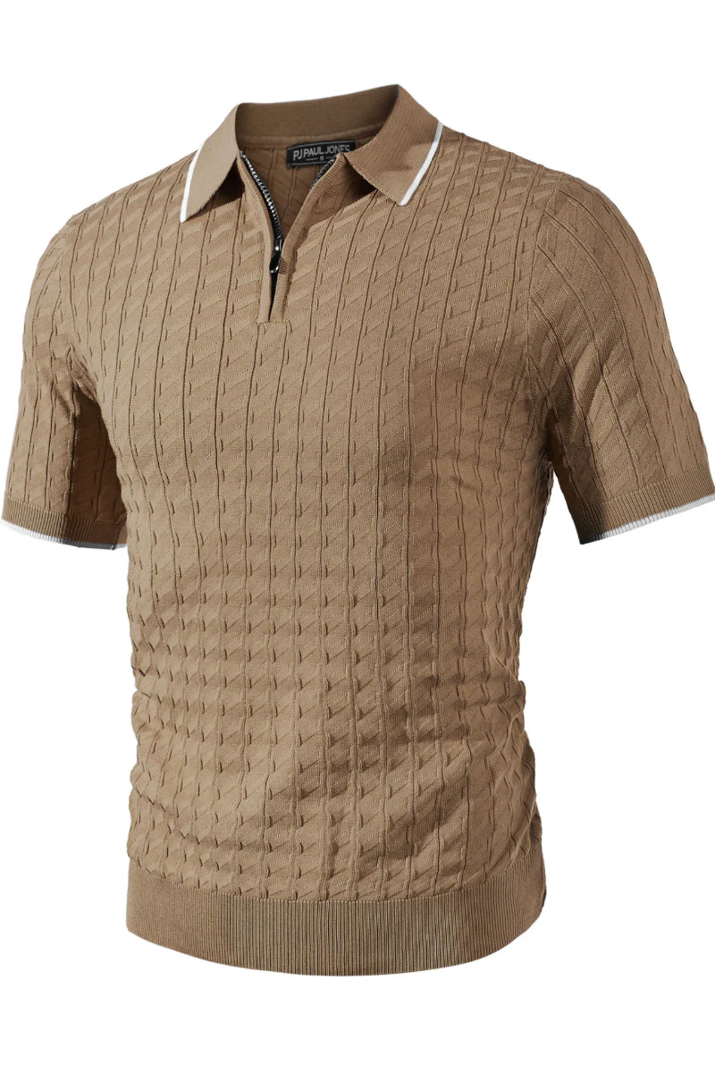 Men Stylish Lapel Collar Knitwear Short Sleeve Zip-up Neck Knitted Shirts - Image 9