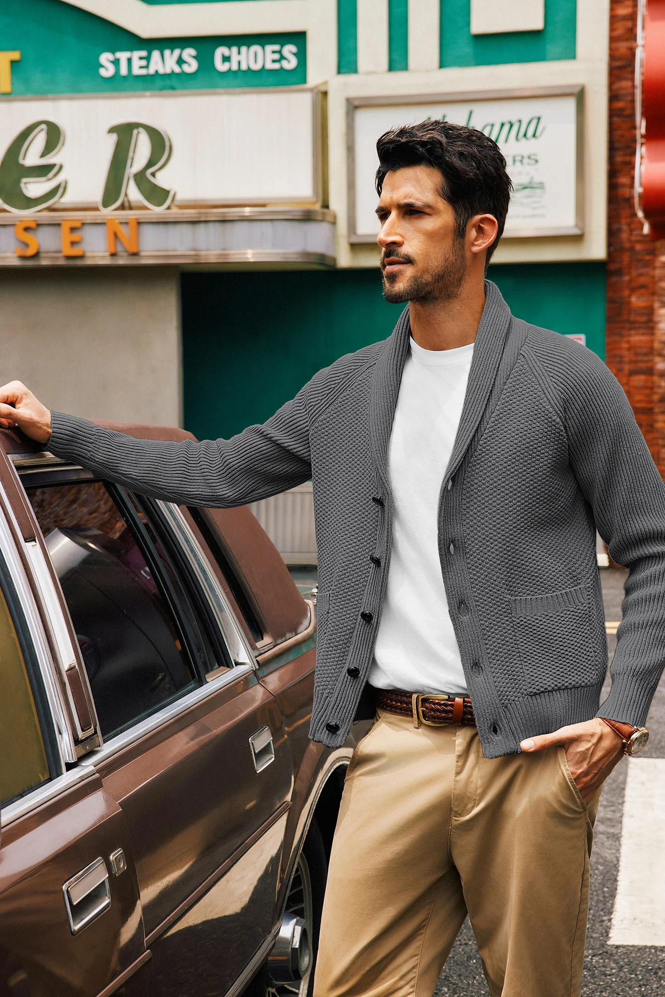Men Stylish Shawl Lapel Cardigan Long Raglan Sleeve Button-up Sweater - Image 18