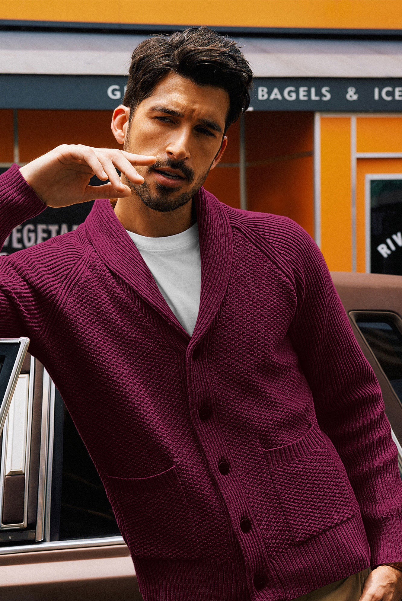Men Stylish Shawl Lapel Cardigan Long Raglan Sleeve Button-up Sweater - Image 32