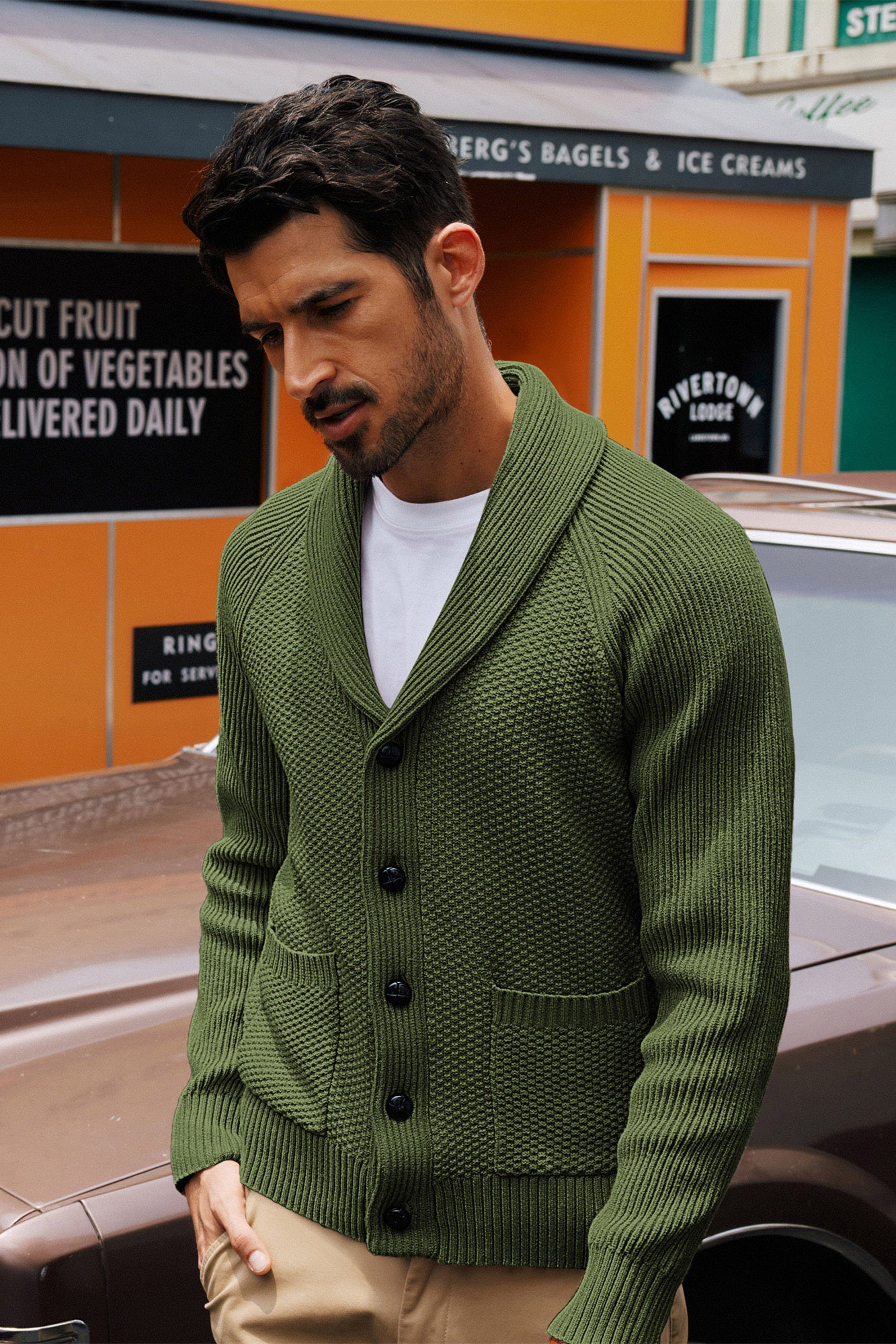 Men Stylish Shawl Lapel Cardigan Long Raglan Sleeve Button-up Sweater - Image 34