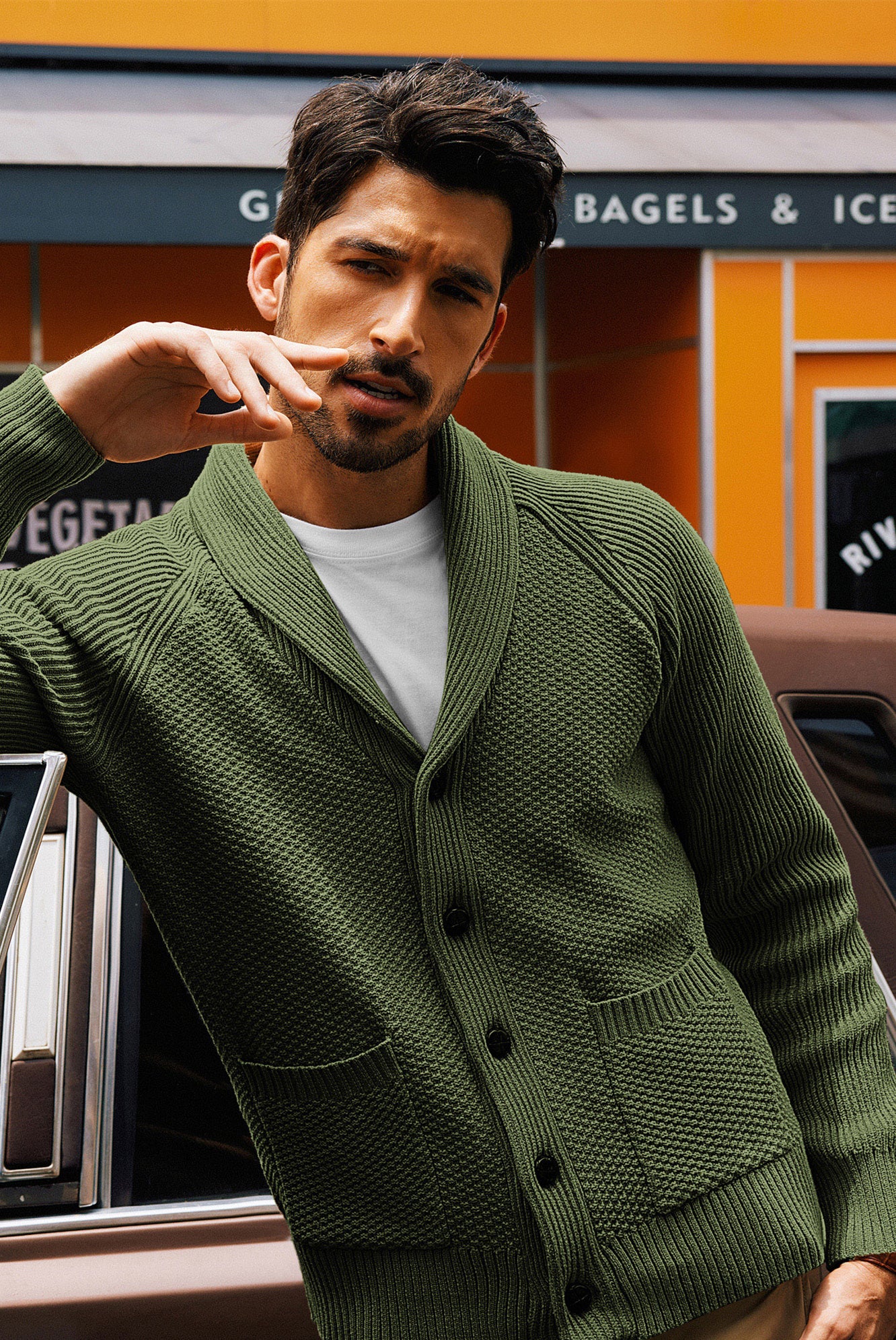 Men Stylish Shawl Lapel Cardigan Long Raglan Sleeve Button-up Sweater - Image 36