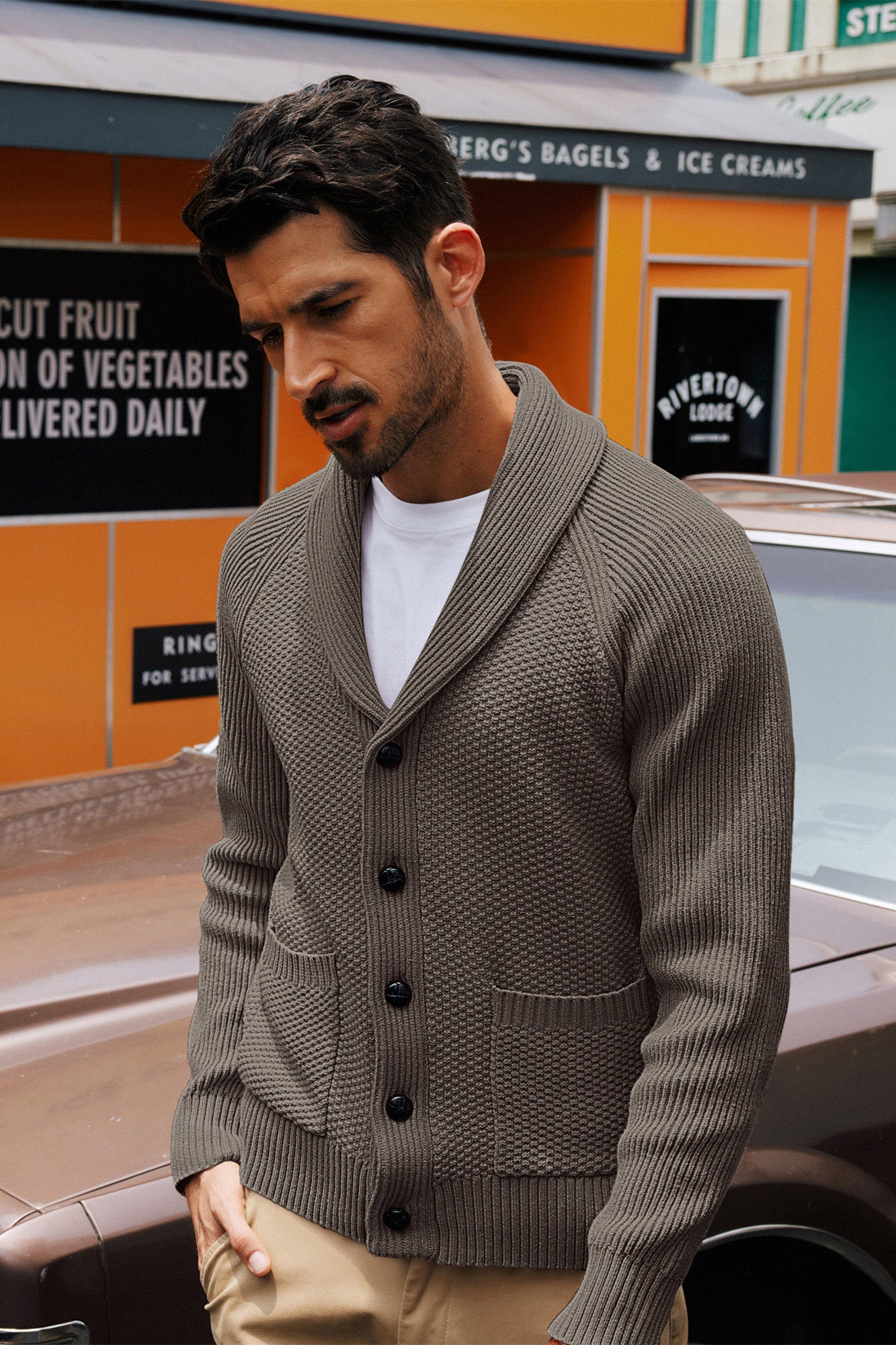 Men Stylish Shawl Lapel Cardigan Long Raglan Sleeve Button-up Sweater - Image 43