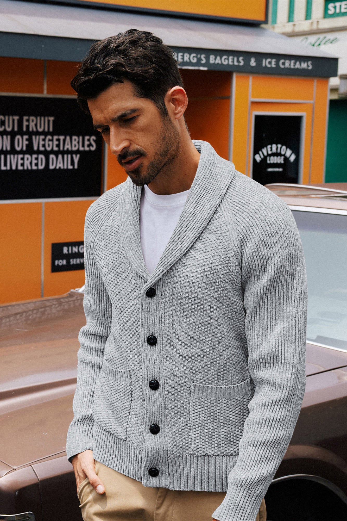 Men Stylish Shawl Lapel Cardigan Long Raglan Sleeve Button-up Sweater - Image 46