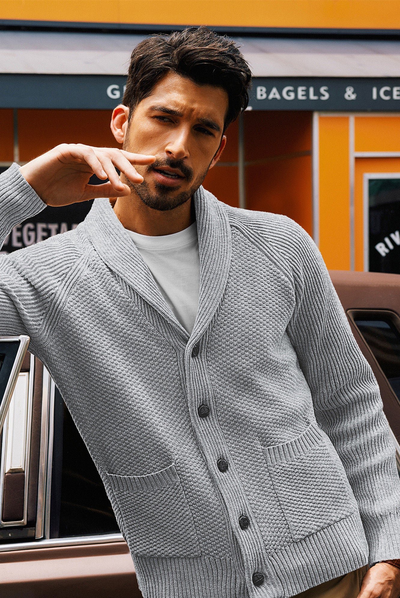 Men Stylish Shawl Lapel Cardigan Long Raglan Sleeve Button-up Sweater - Image 48