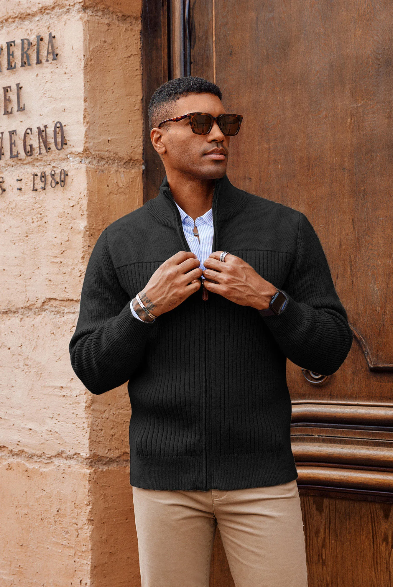 Men Stylish Stand Collar Cardigan Long Sleeve Zip-up Sweater Knitwear - Image 13