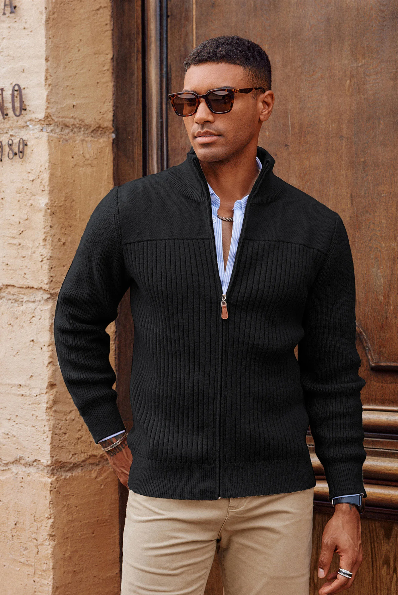 Men Stylish Stand Collar Cardigan Long Sleeve Zip-up Sweater Knitwear - Image 15