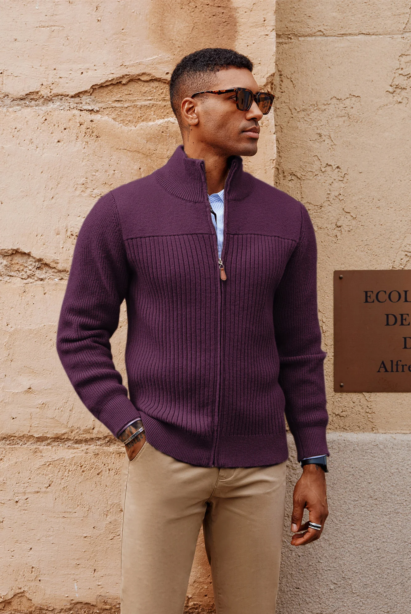 Men Stylish Stand Collar Cardigan Long Sleeve Zip-up Sweater Knitwear - Image 37