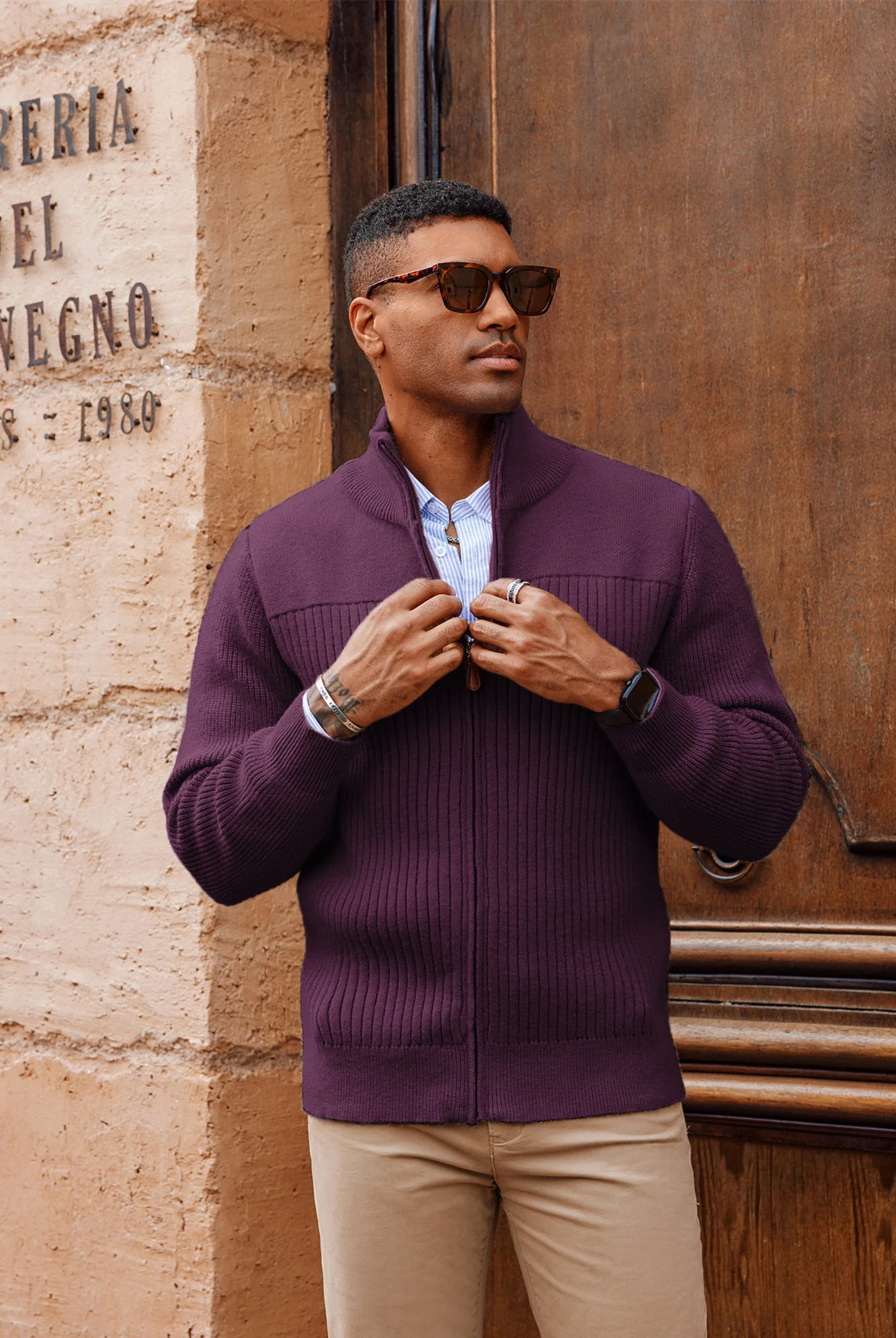 Men Stylish Stand Collar Cardigan Long Sleeve Zip-up Sweater Knitwear - Image 38