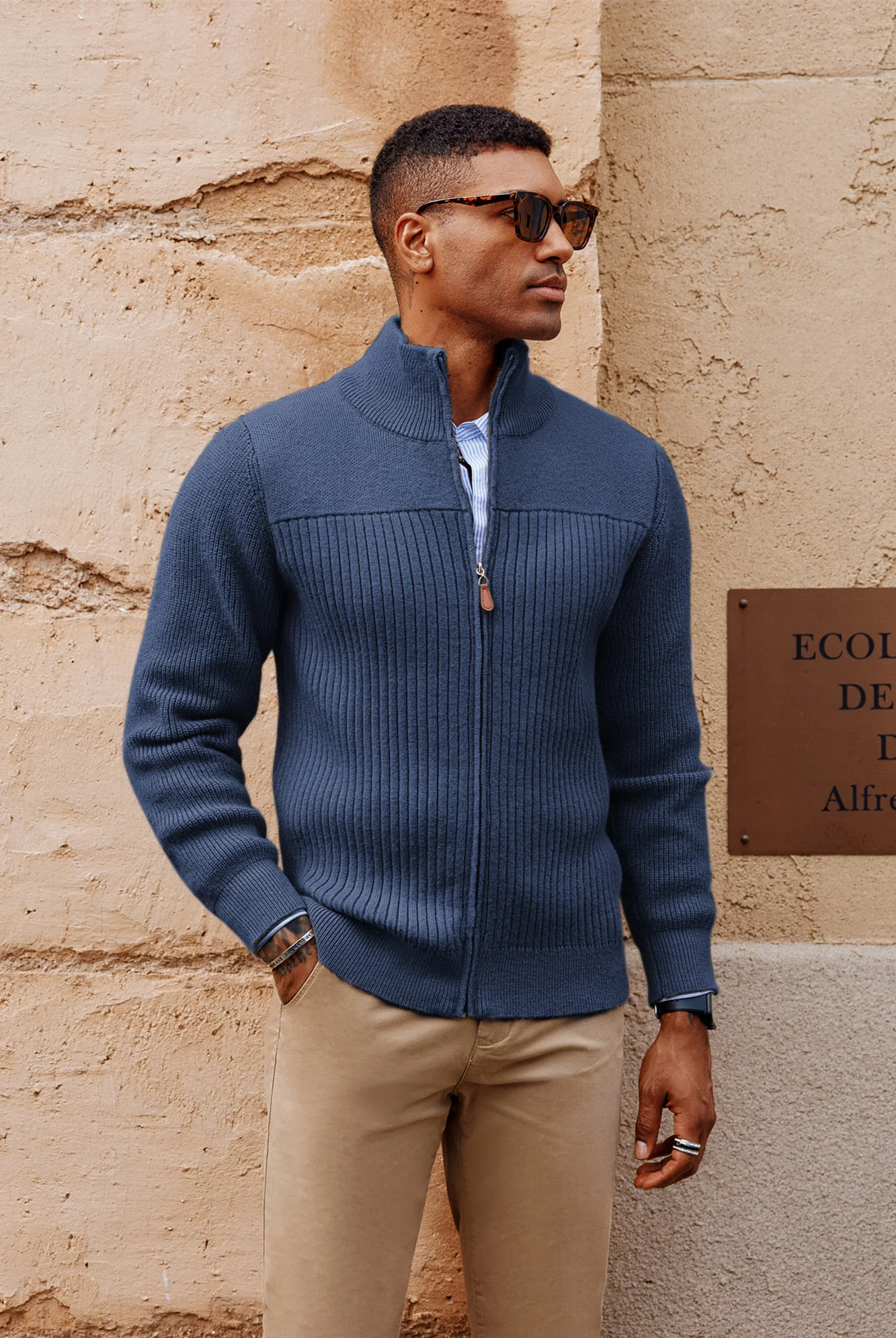 Men Stylish Stand Collar Cardigan Long Sleeve Zip-up Sweater Knitwear - Image 42