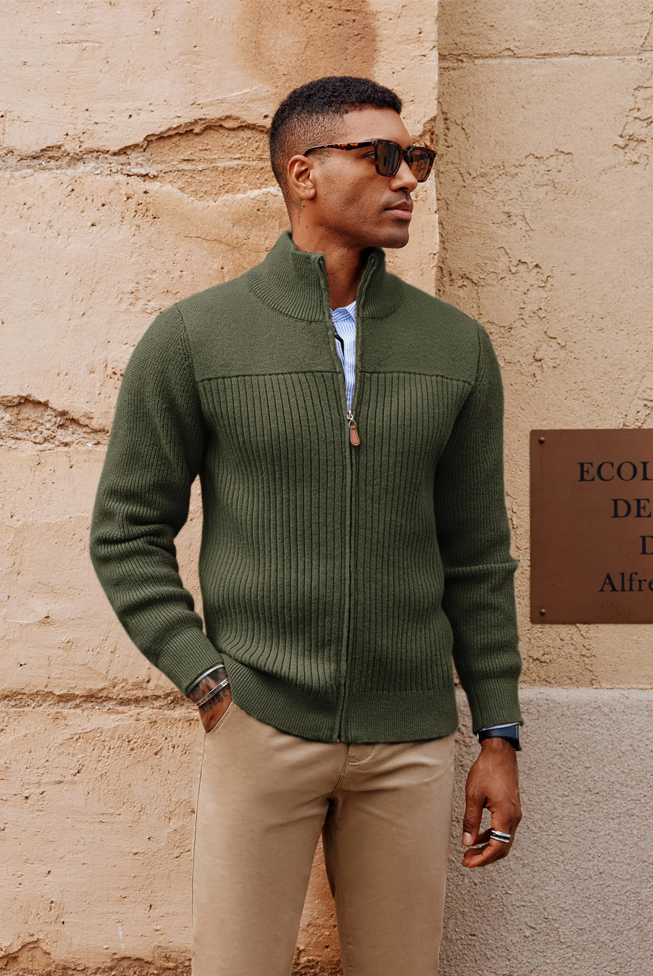 Men Stylish Stand Collar Cardigan Long Sleeve Zip-up Sweater Knitwear - Image 47