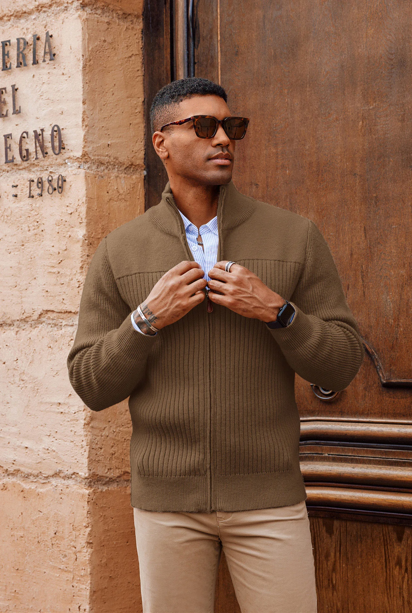Men Stylish Stand Collar Cardigan Long Sleeve Zip-up Sweater Knitwear - Image 9