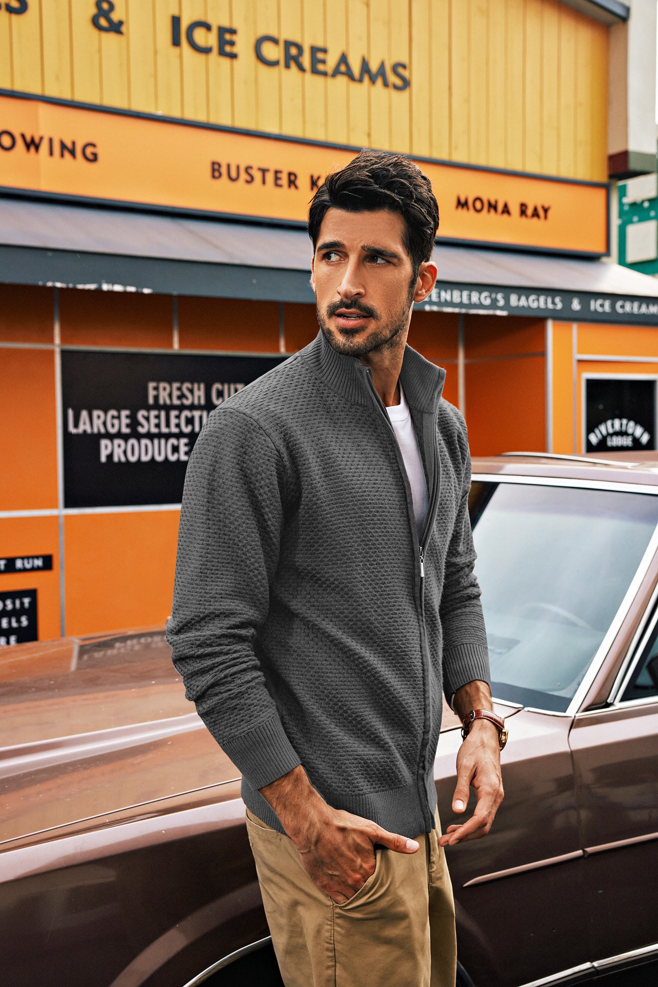 Men Stylish Textured Cardigan Long Sleeve Stand Collar Zip-up Sweater - Image 12