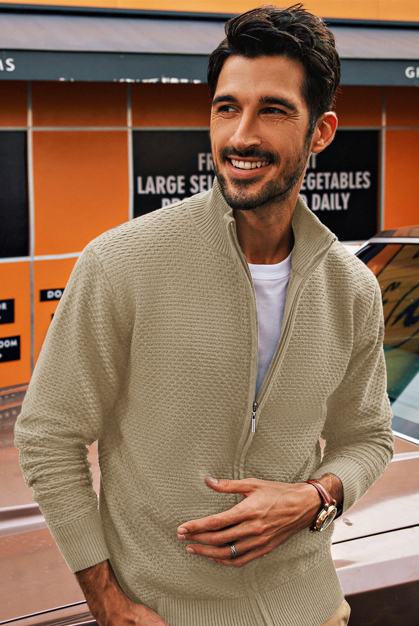 Men Stylish Textured Cardigan Long Sleeve Stand Collar Zip-up Sweater - Image 19