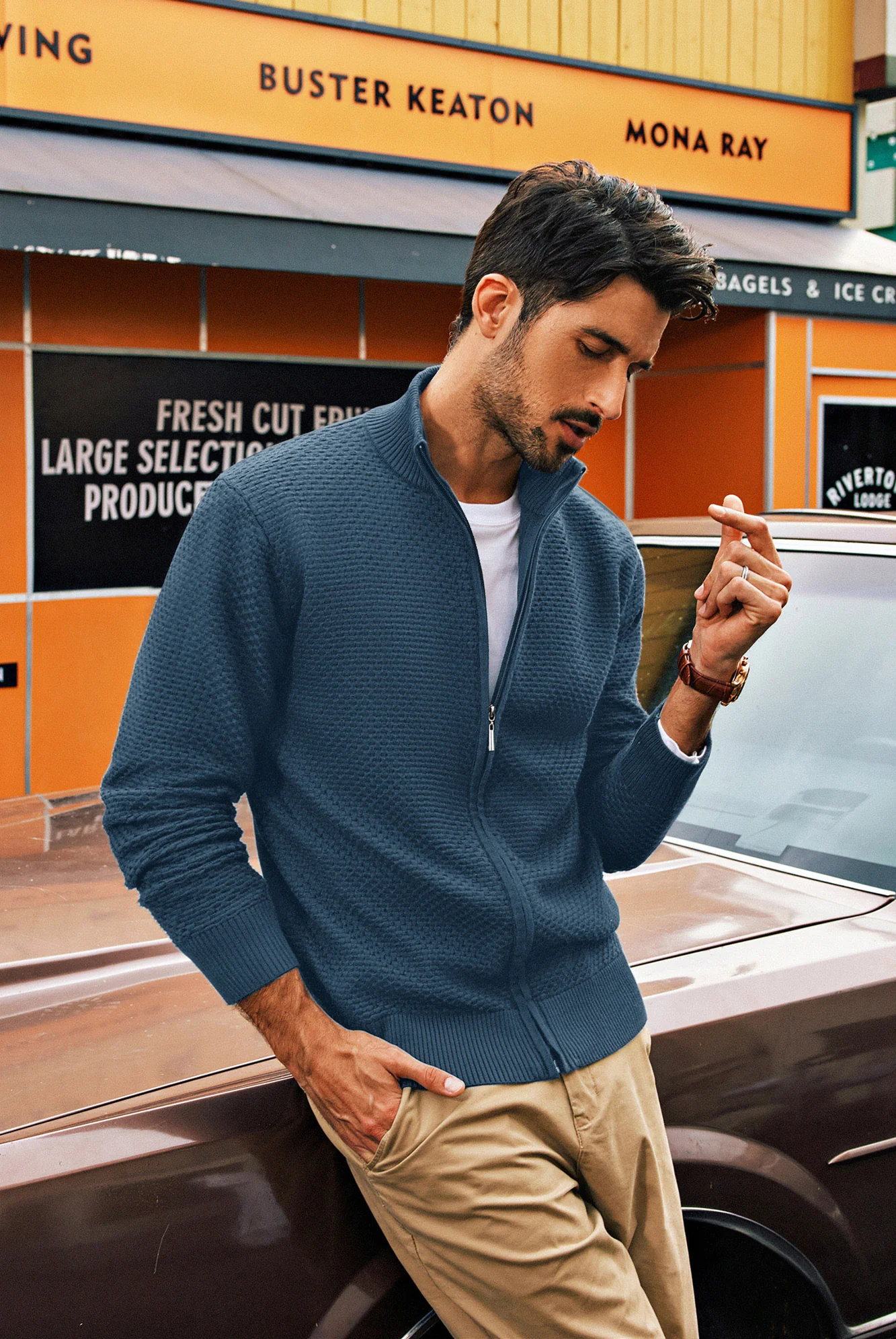 Men Stylish Textured Cardigan Long Sleeve Stand Collar Zip-up Sweater - Image 23