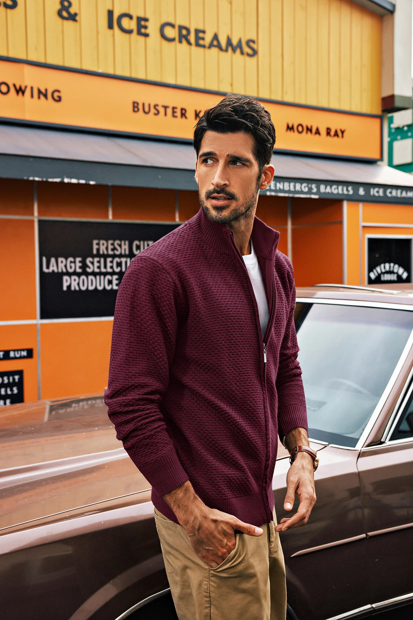 Men Stylish Textured Cardigan Long Sleeve Stand Collar Zip-up Sweater - Image 32