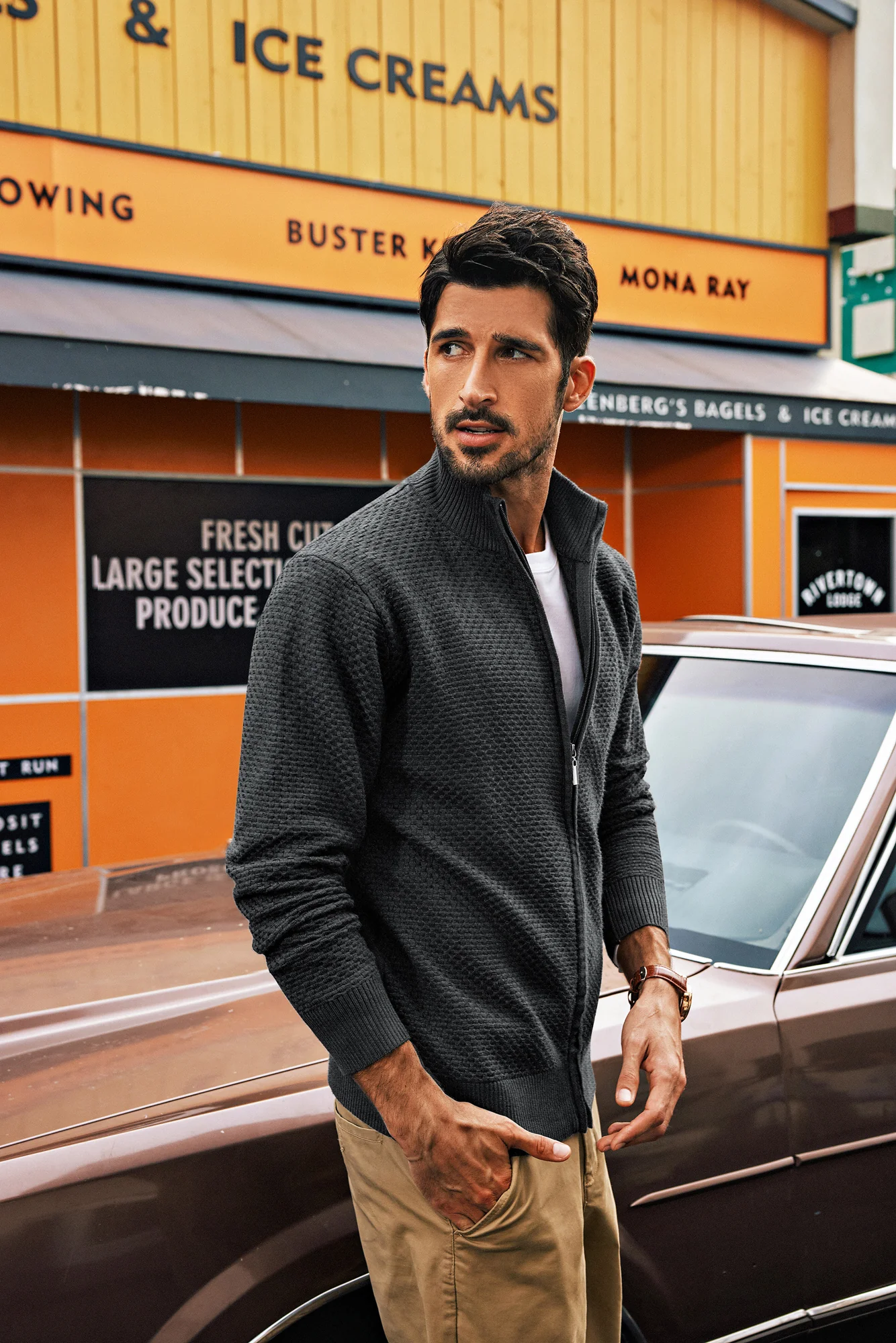 Men Stylish Textured Cardigan Long Sleeve Stand Collar Zip-up Sweater - Image 35