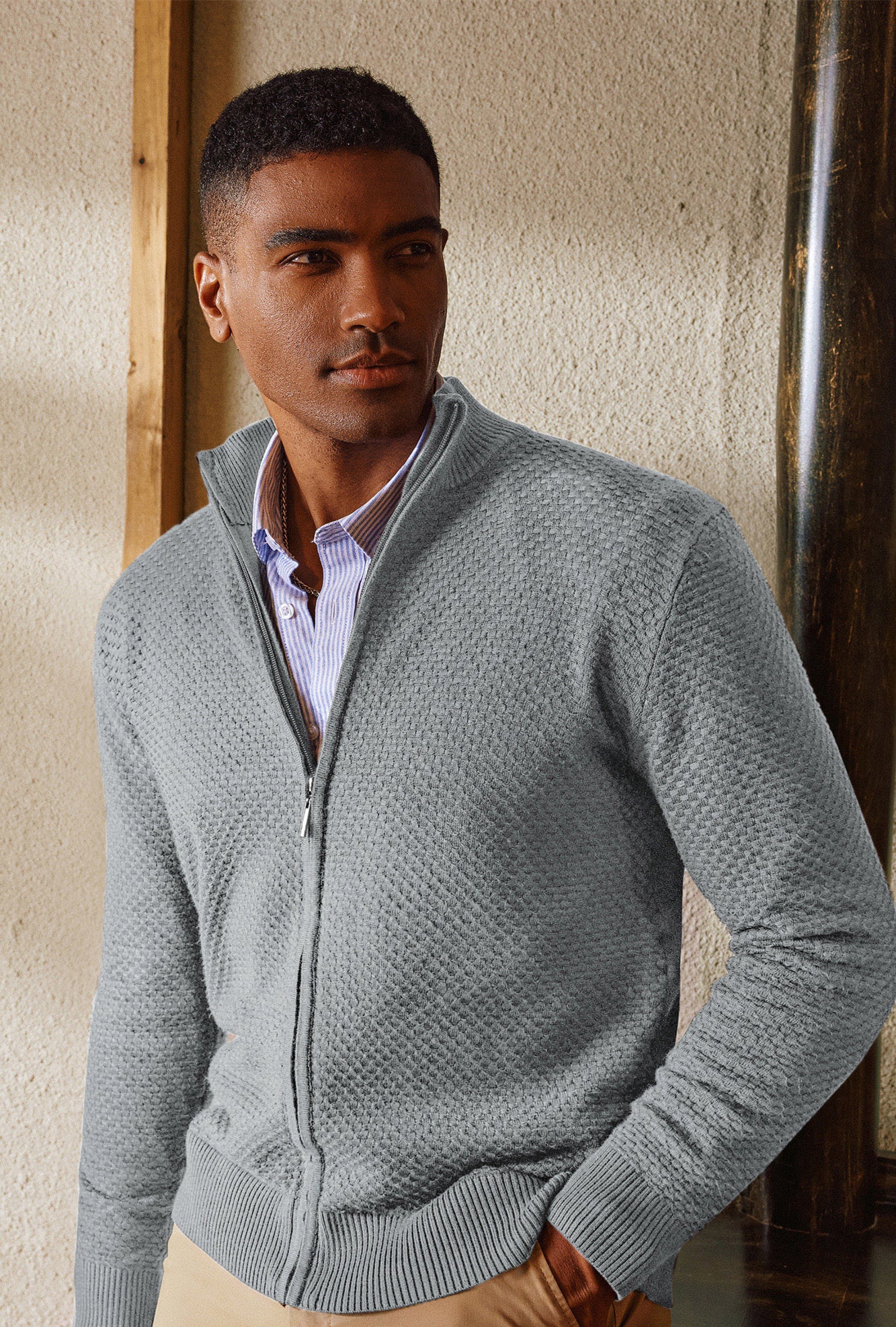 Men Stylish Textured Cardigan Long Sleeve Stand Collar Zip-up Sweater - Image 38