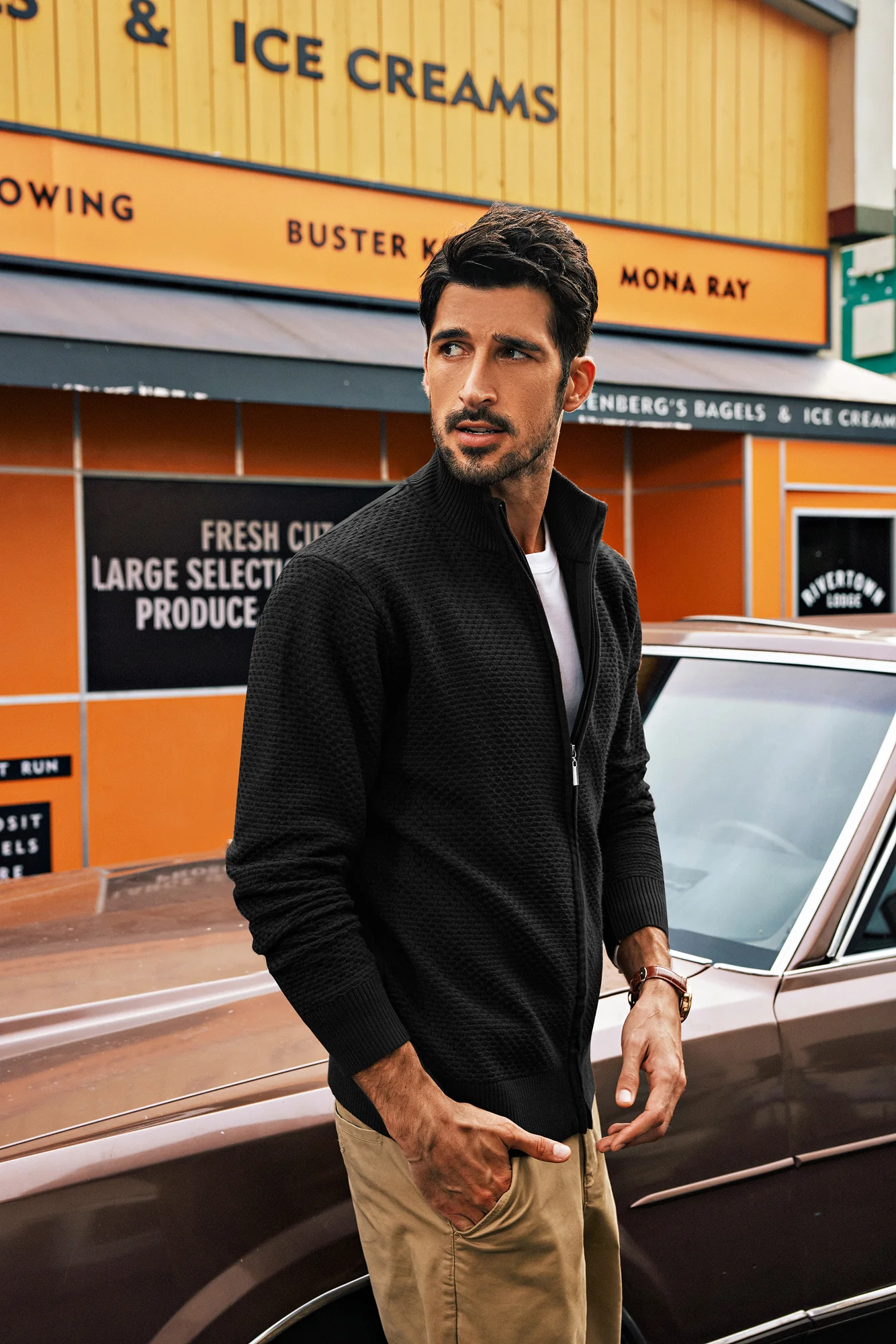 Men Stylish Textured Cardigan Long Sleeve Stand Collar Zip-up Sweater - Image 4