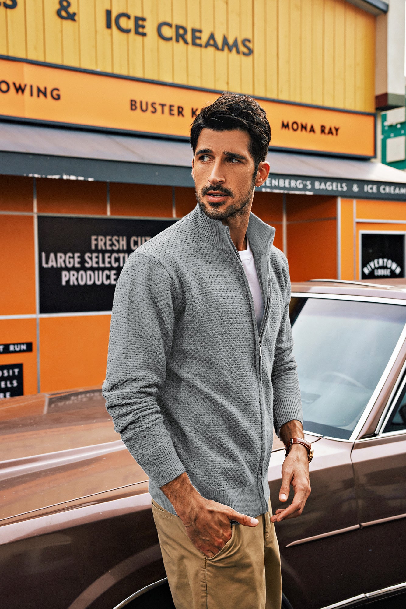 Men Stylish Textured Cardigan Long Sleeve Stand Collar Zip-up Sweater - Image 40