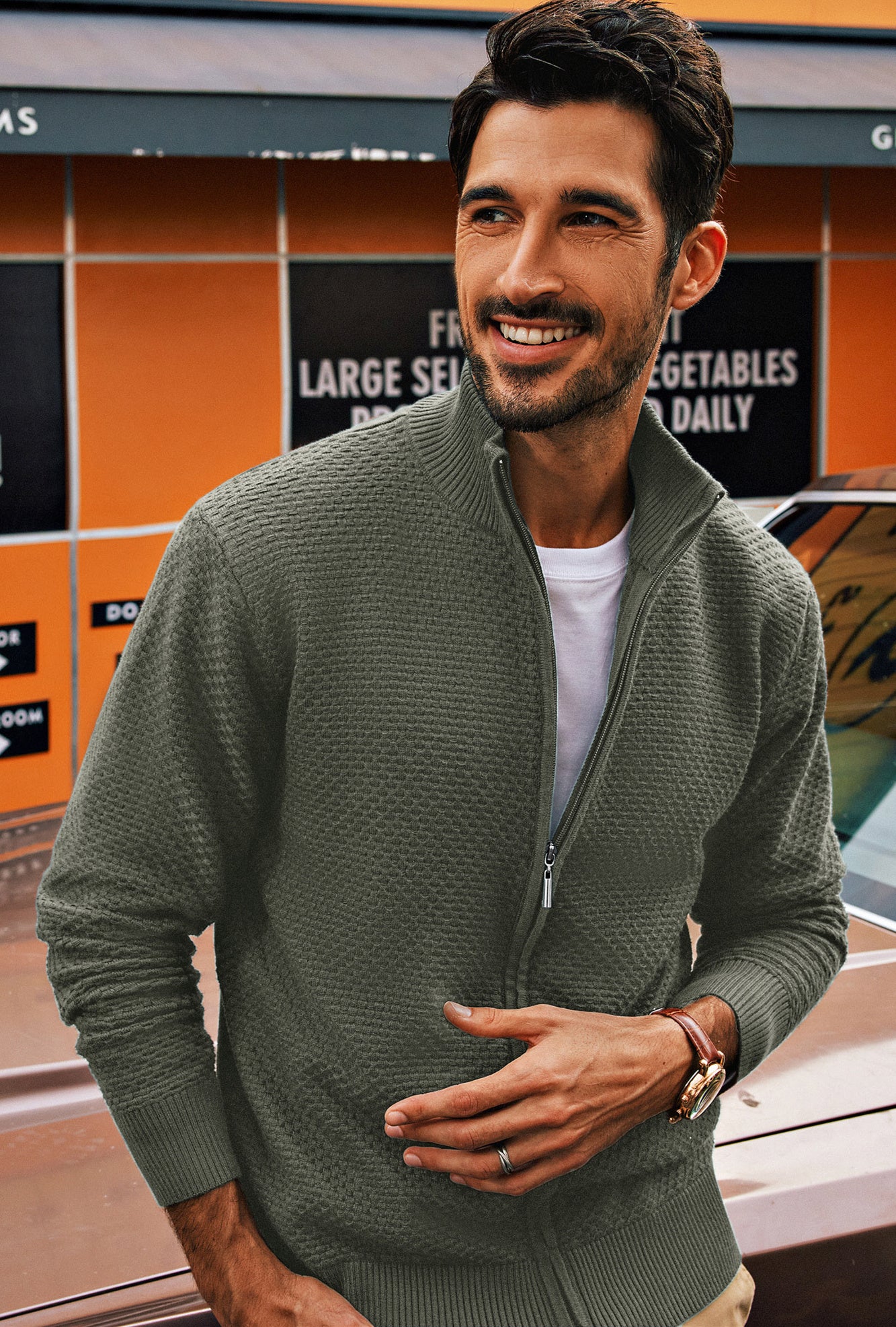 Men Stylish Textured Cardigan Long Sleeve Stand Collar Zip-up Sweater - Image 45