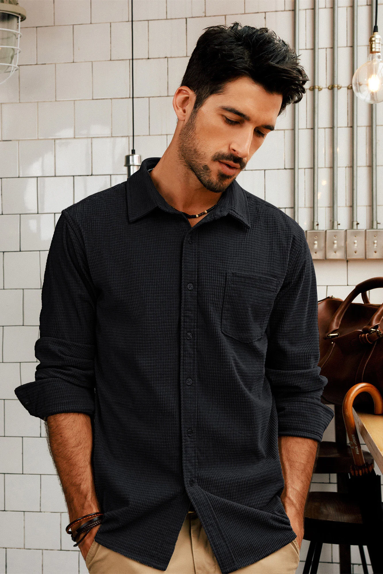 Men Stylish Textured Shirt Long Sleeve Classic Collar Button-up Tops - Image 4