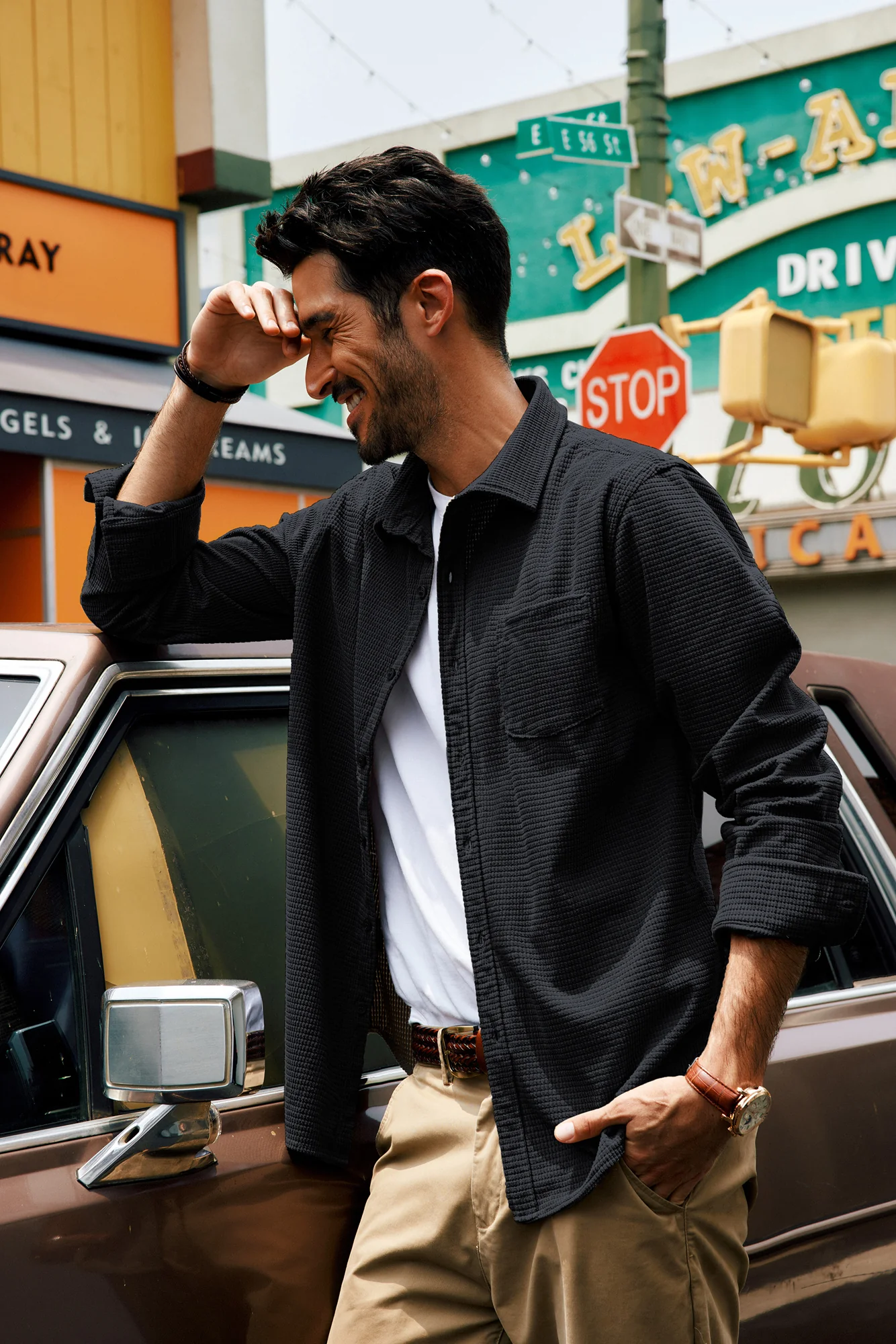 Men Stylish Textured Shirt Long Sleeve Classic Collar Button-up Tops - Image 5
