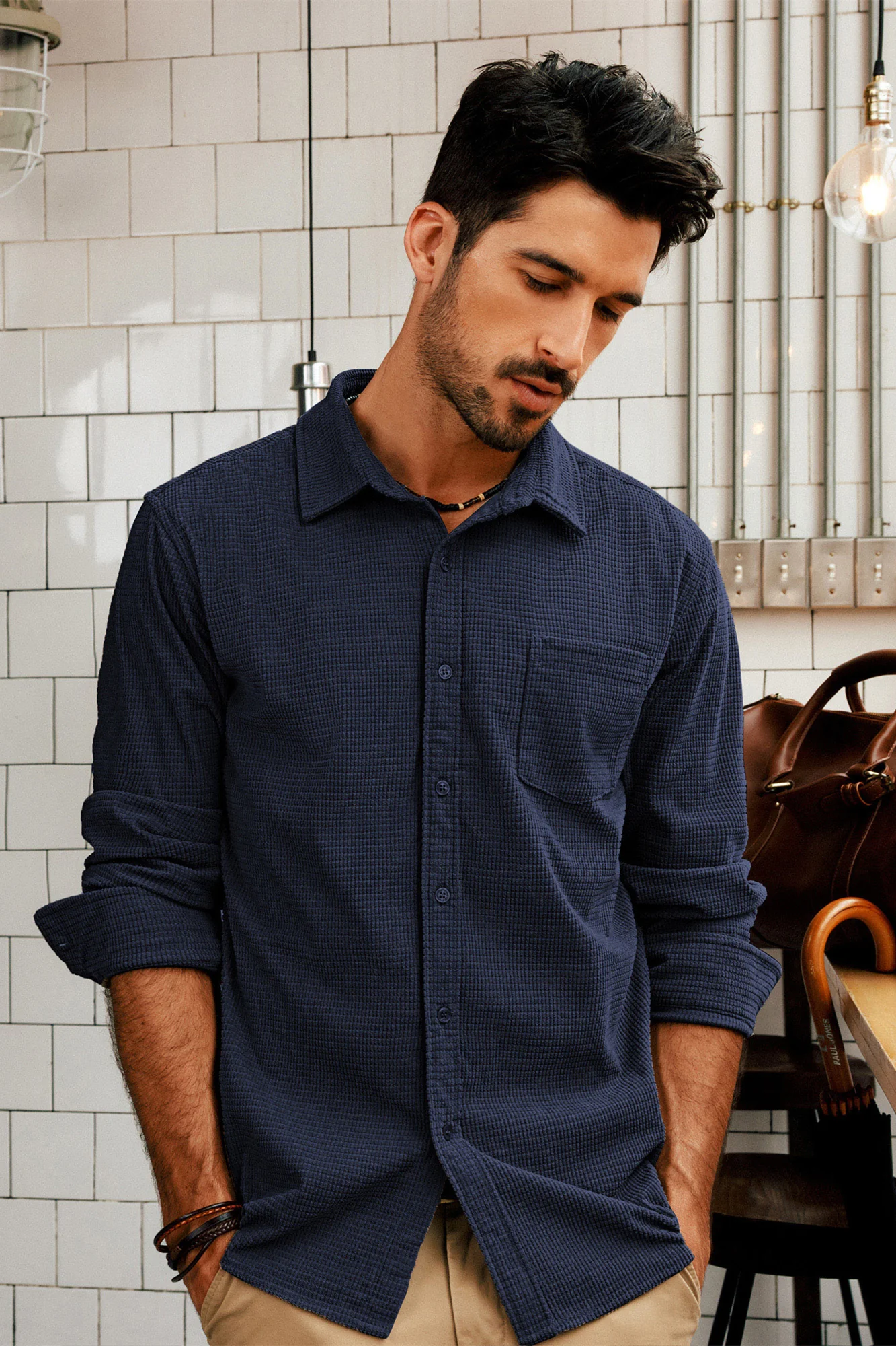 Men Stylish Textured Shirt Long Sleeve Classic Collar Button-up Tops - Image 9