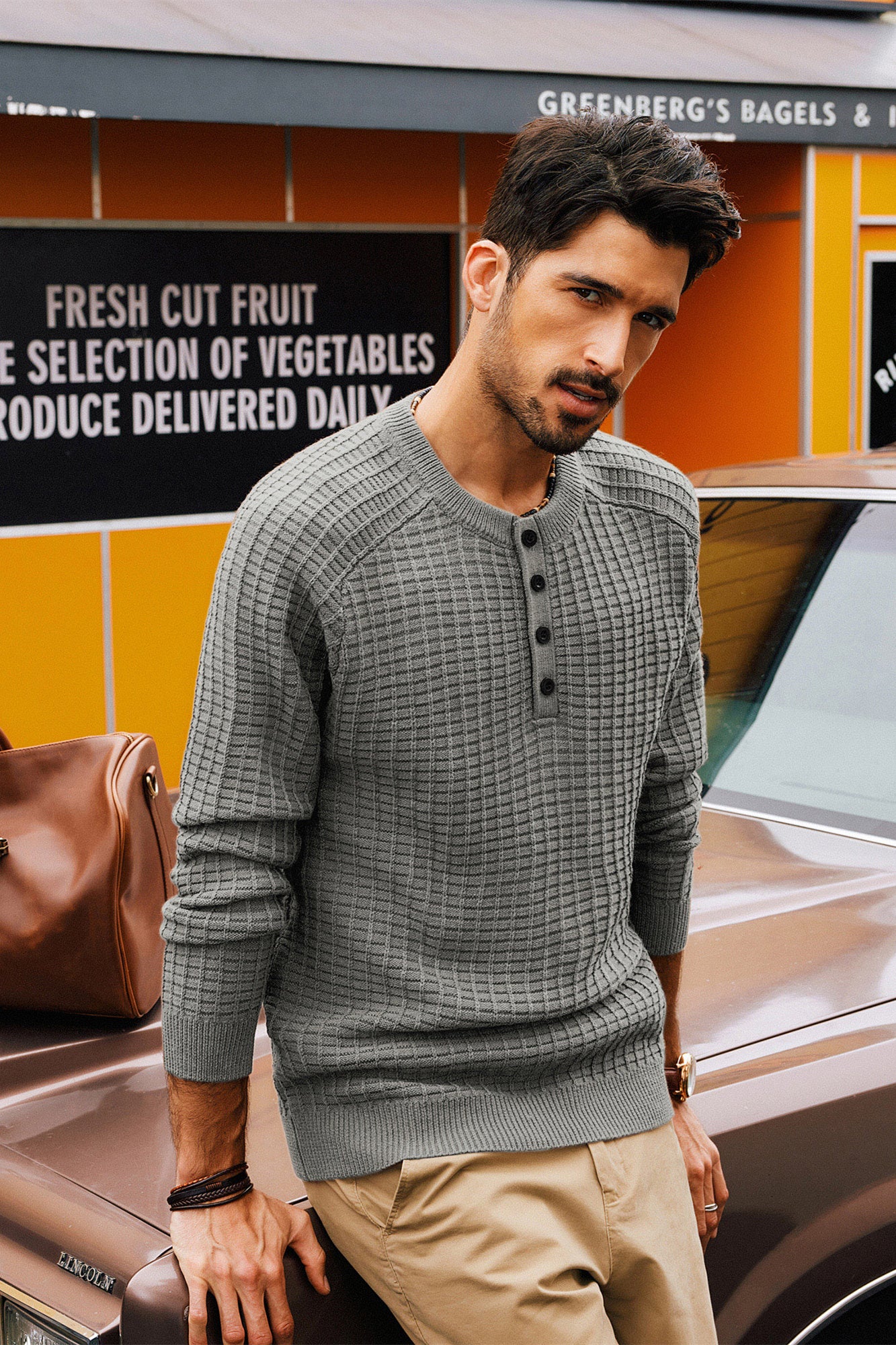 Men Stylish Textured Sweater Long Raglan Sleeve Button-up Neck Pullover - Image 17