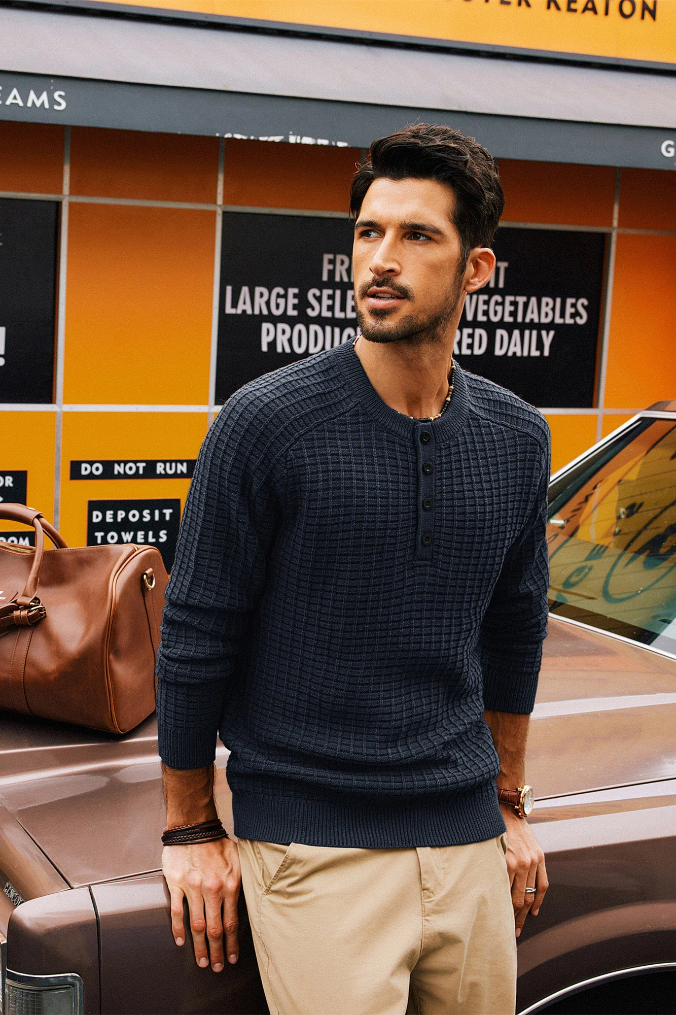 Men Stylish Textured Sweater Long Raglan Sleeve Button-up Neck Pullover - Image 9
