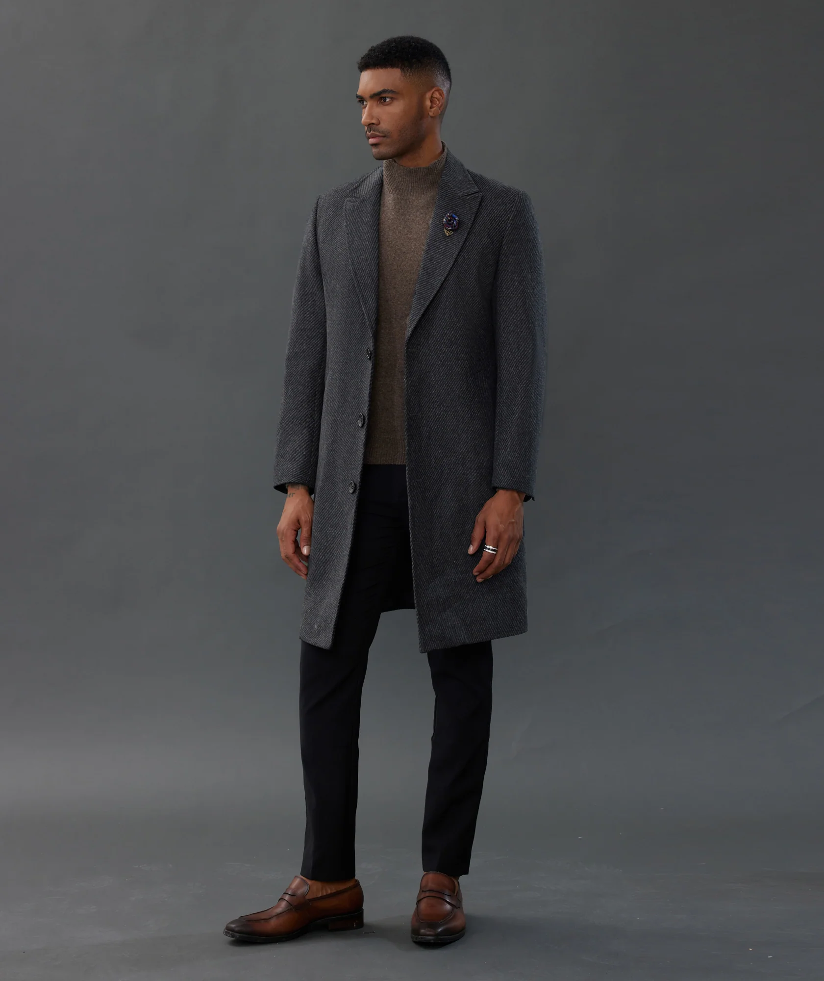 Men's Herringbone Wool Blend Long Overcoat Pea Coat with Brooch - Image 2