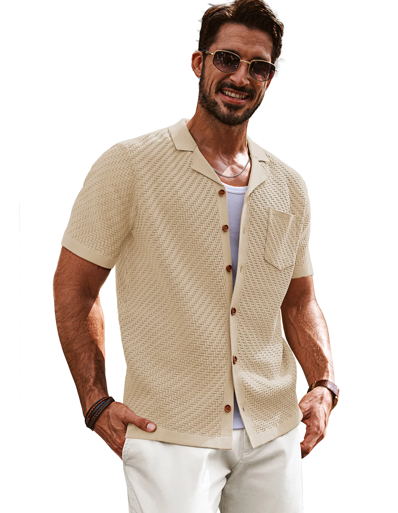 Men Textured Cardigan Short Sleeve Camp-Collar Button-up Sweater Knitwear - Image 11