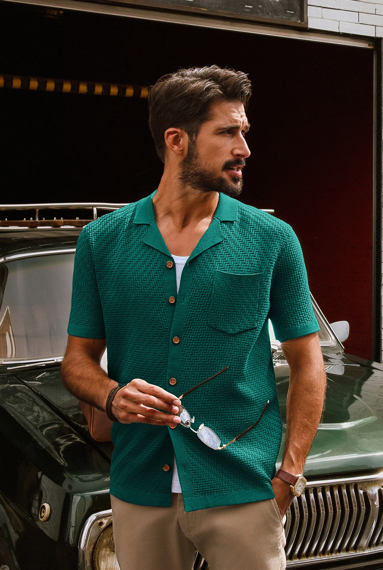 Men Textured Cardigan Short Sleeve Camp-Collar Button-up Sweater Knitwear - Image 17