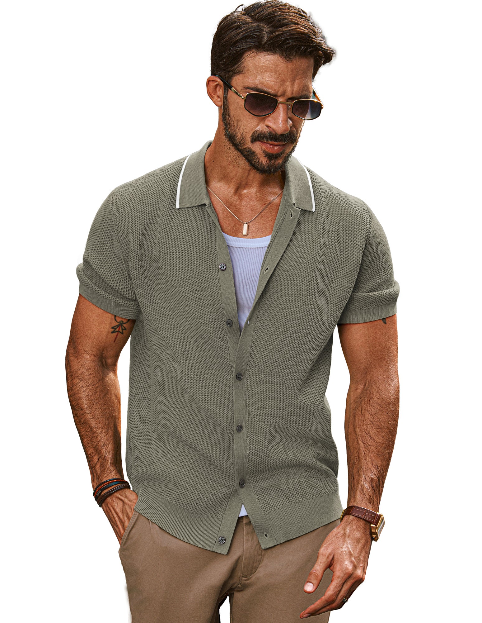 Men Textured Cardigan Short Sleeve Lapel Collar Button-up Sweater Knitwear - Image 39