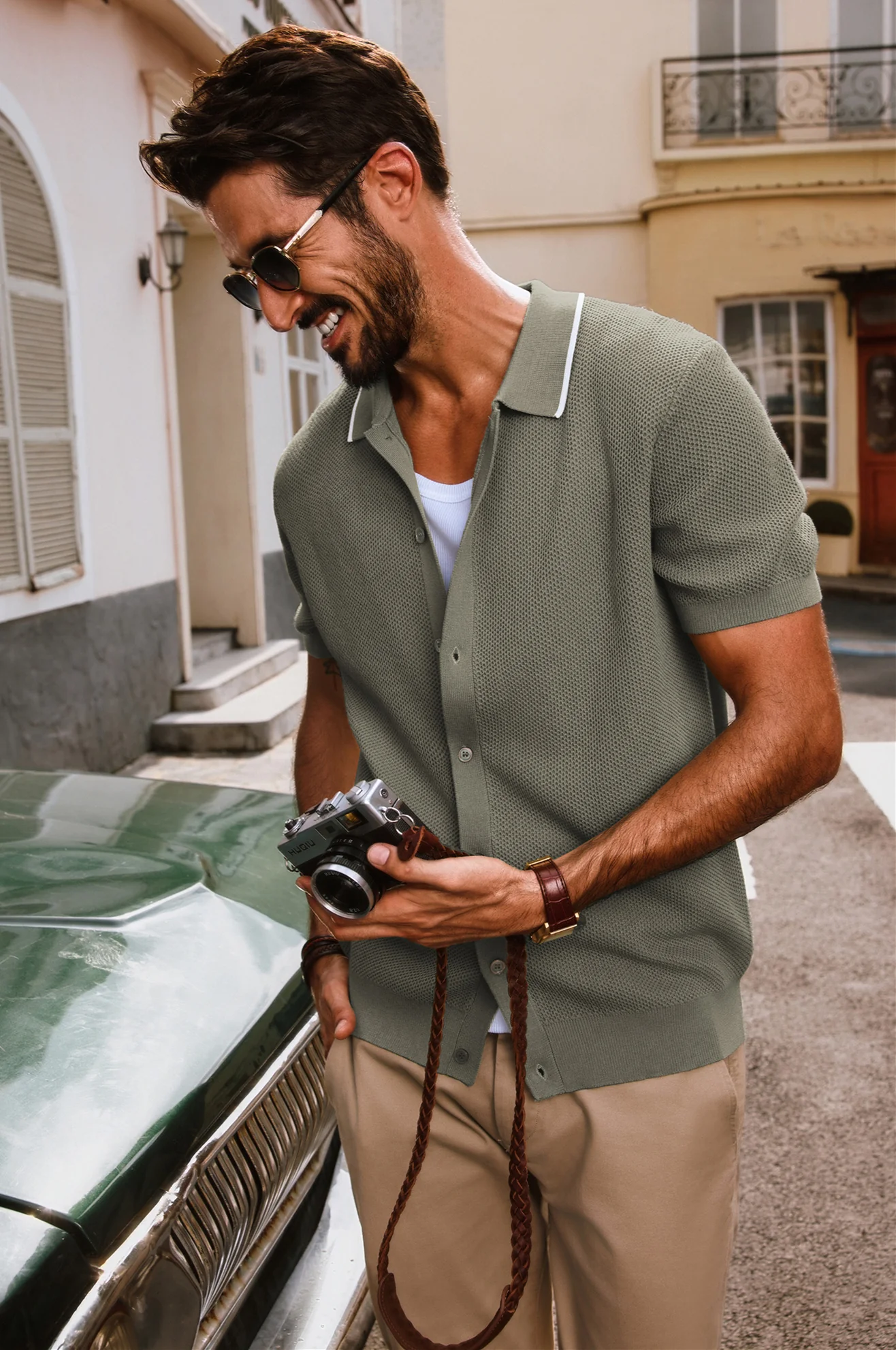 Men Textured Cardigan Short Sleeve Lapel Collar Button-up Sweater Knitwear - Image 41