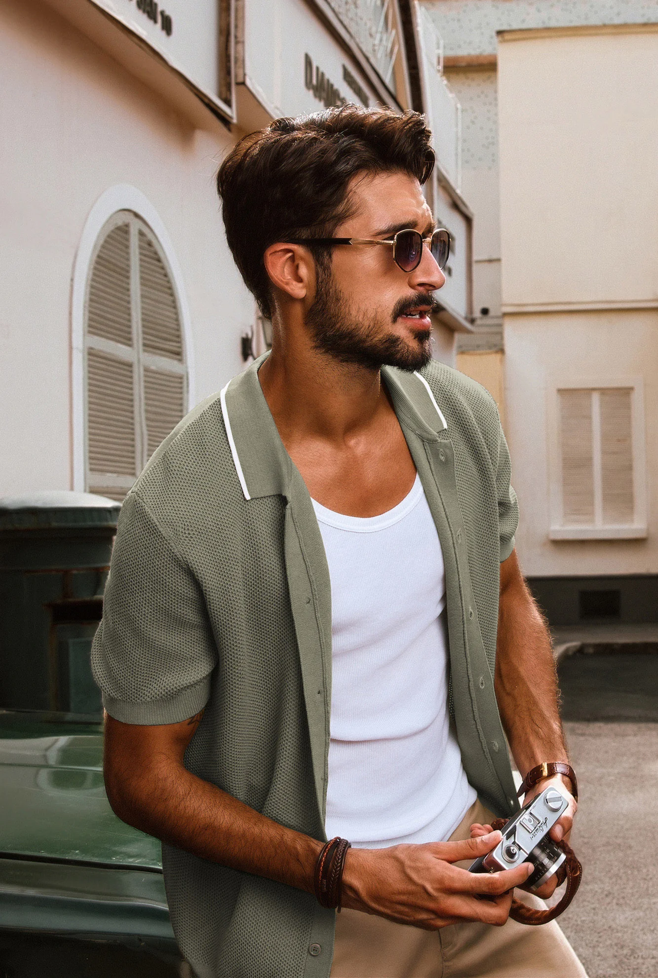 Men Textured Cardigan Short Sleeve Lapel Collar Button-up Sweater Knitwear - Image 42
