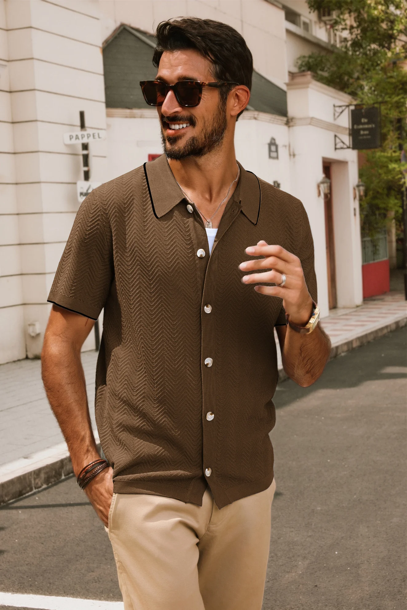 Men Textured Cardigan Short Sleeve Lapel Collar Button-up Sweater Knitwear - Image 35