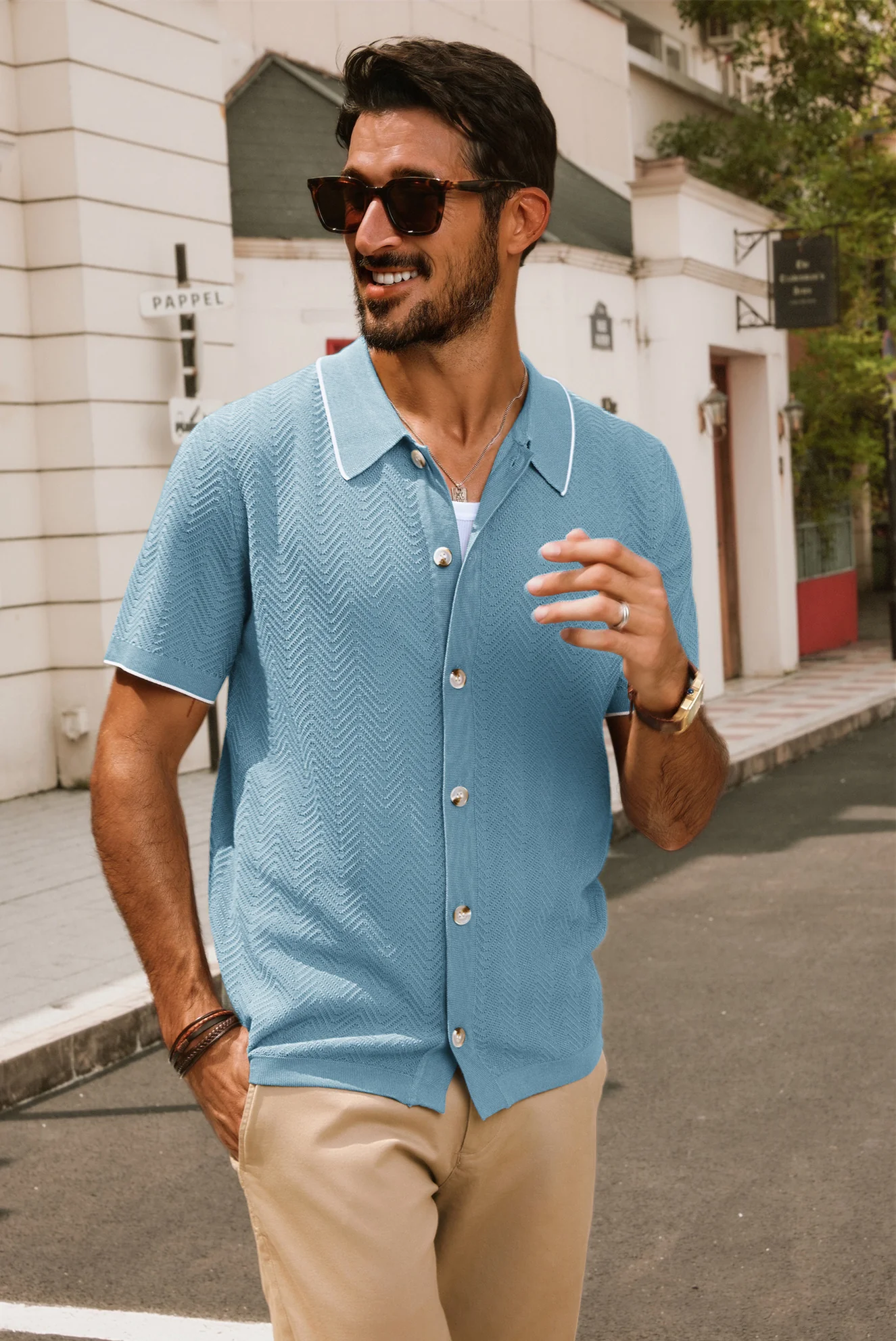 Men Textured Cardigan Short Sleeve Lapel Collar Button-up Sweater Knitwear - Image 45