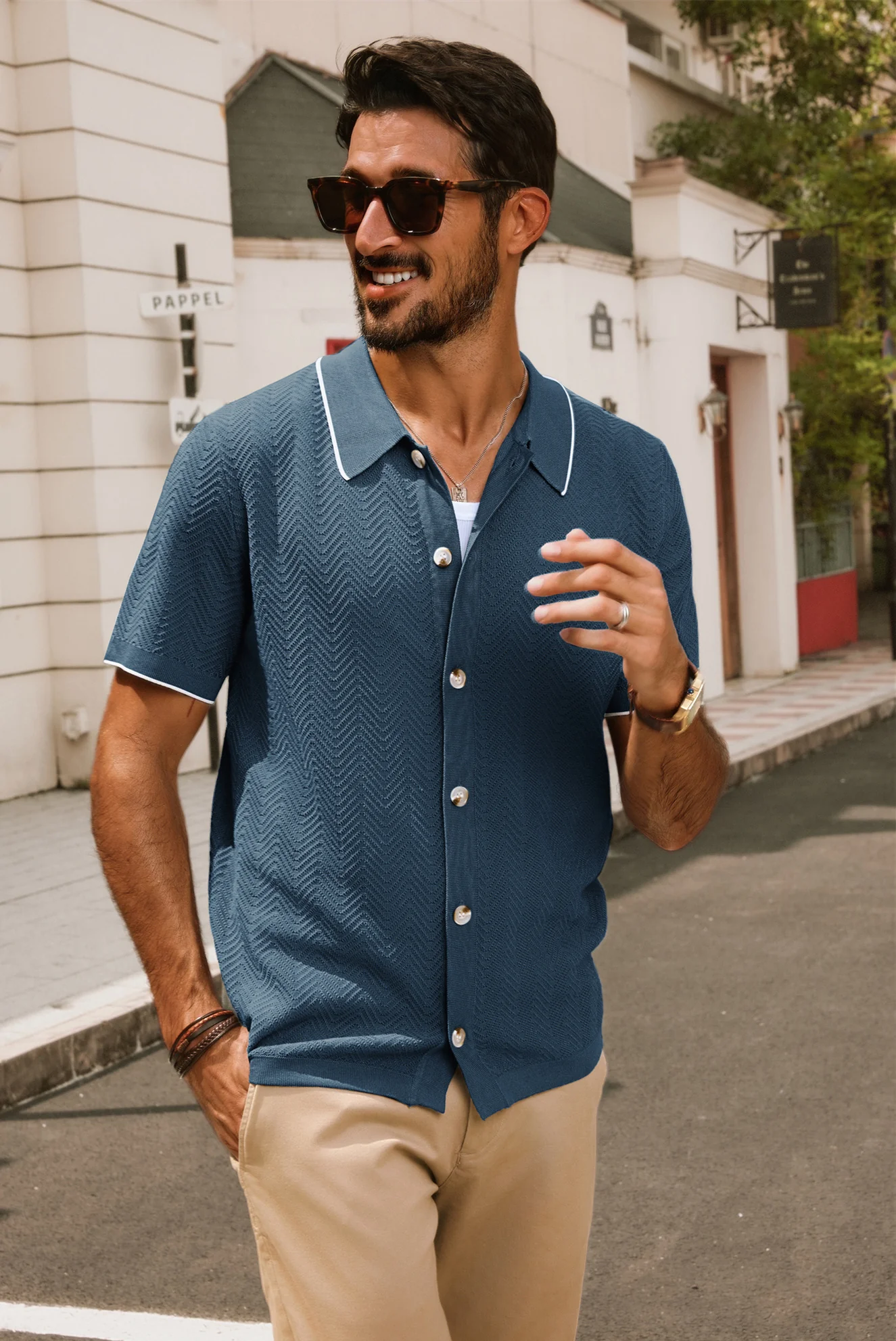 Men Textured Cardigan Short Sleeve Lapel Collar Button-up Sweater Knitwear - Image 55